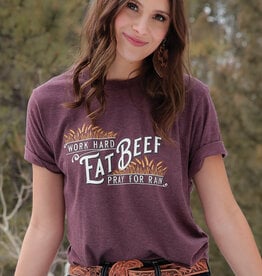 Womens Cruel Denim Soft Heather Burgundy Short Sleeve T Shirt Eat Beef