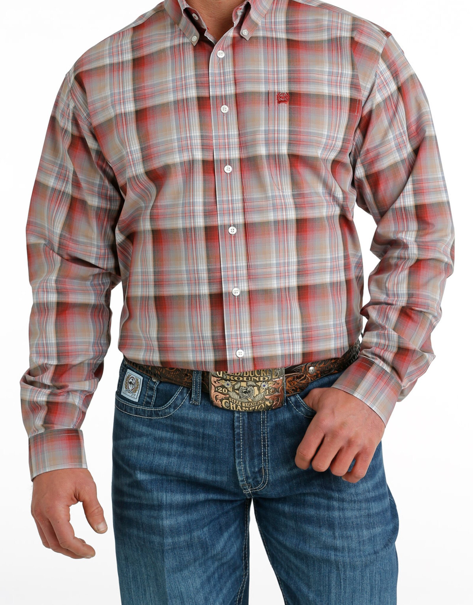 Cinch Mens Cinch Long Sleeve Burgundy Grey Plaid Western Button Arena Shirt