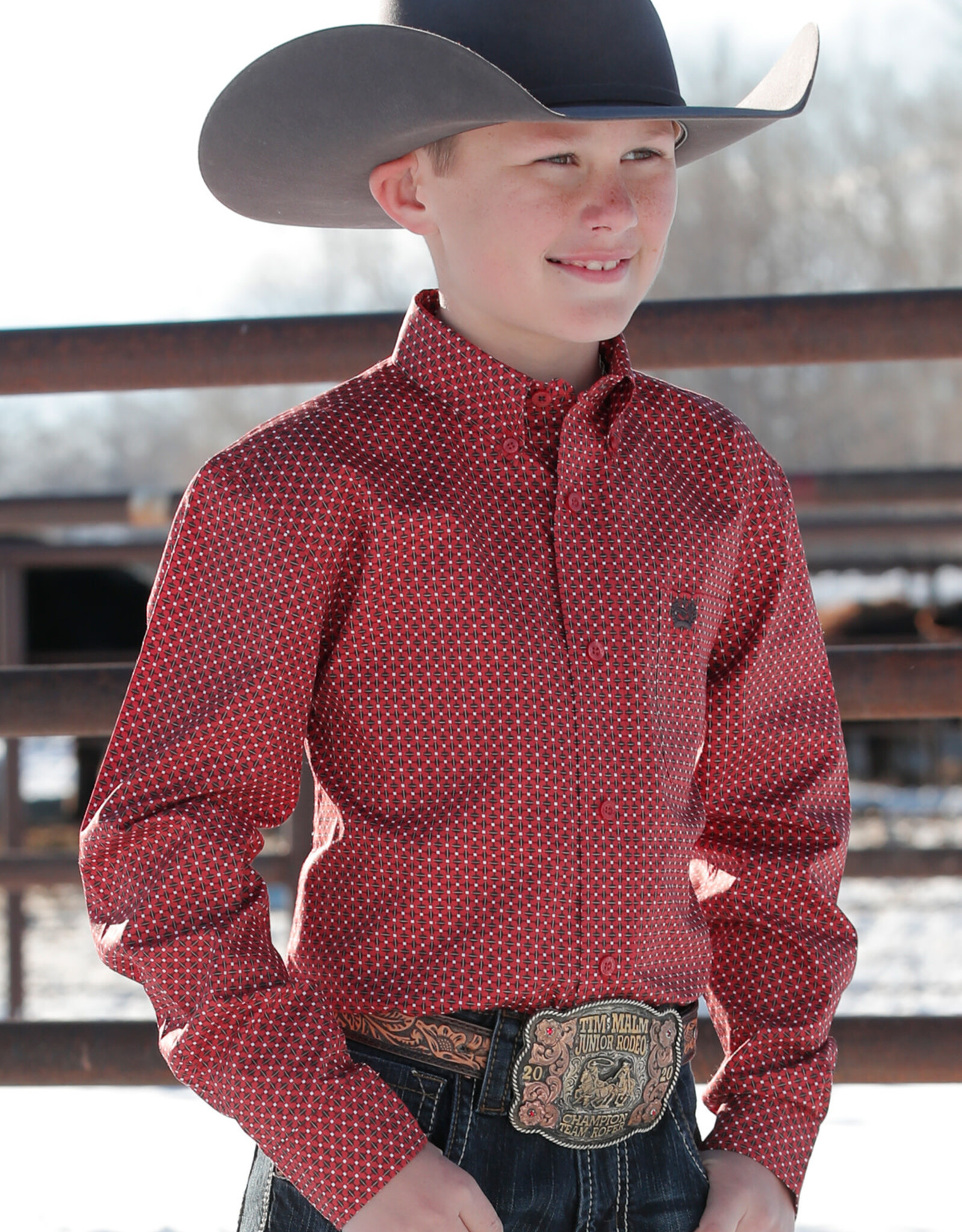 Cinch Boys Cinch Red and Brown Print Long Sleeve Button Western Shirt