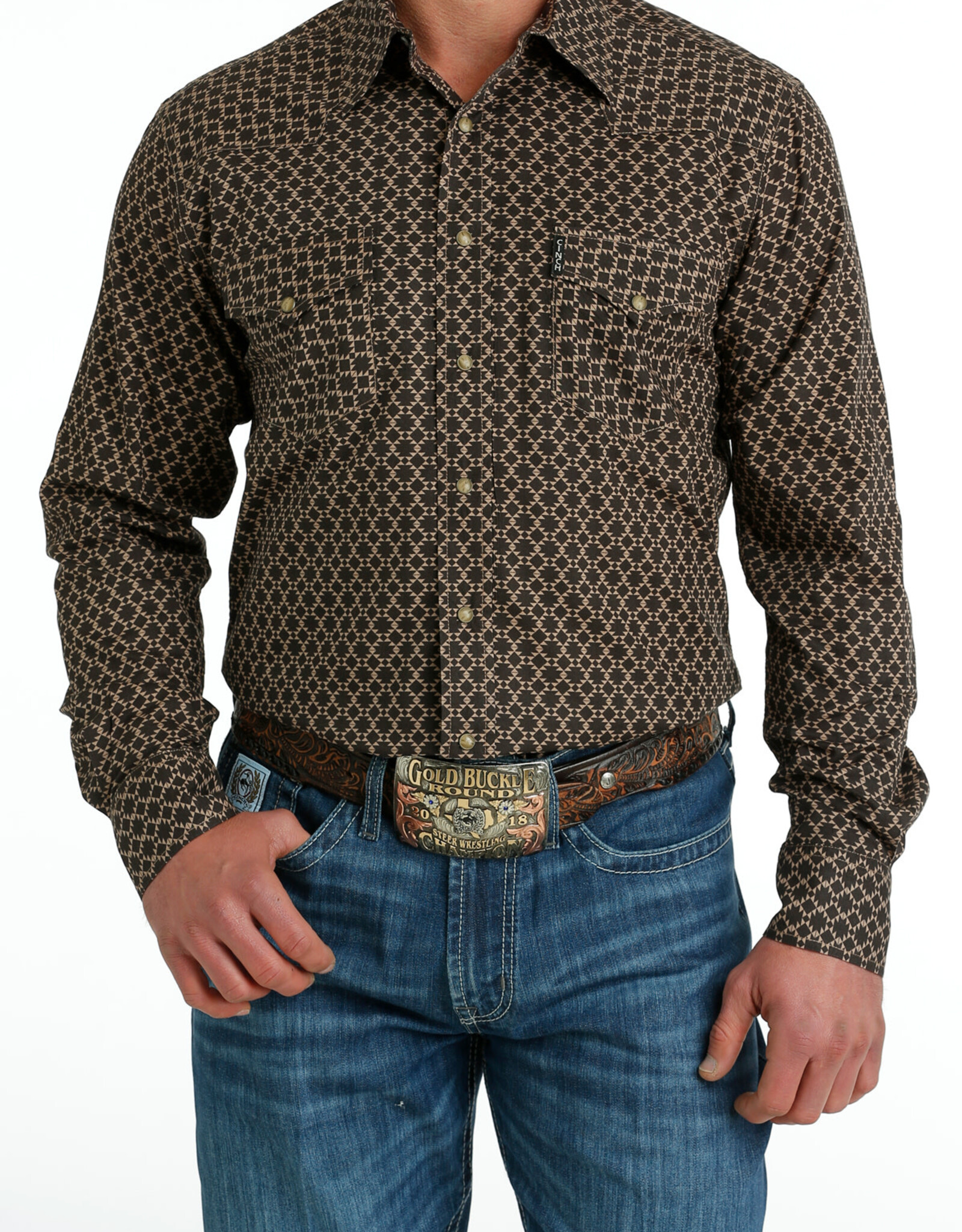 Cinch Mens Cinch Brown Tan Print Modern Fit Western Snap Shirt