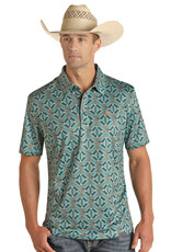 Mens Panhandle  Performance Turquoise Aztec Western Short Sleeve Polo Shirt