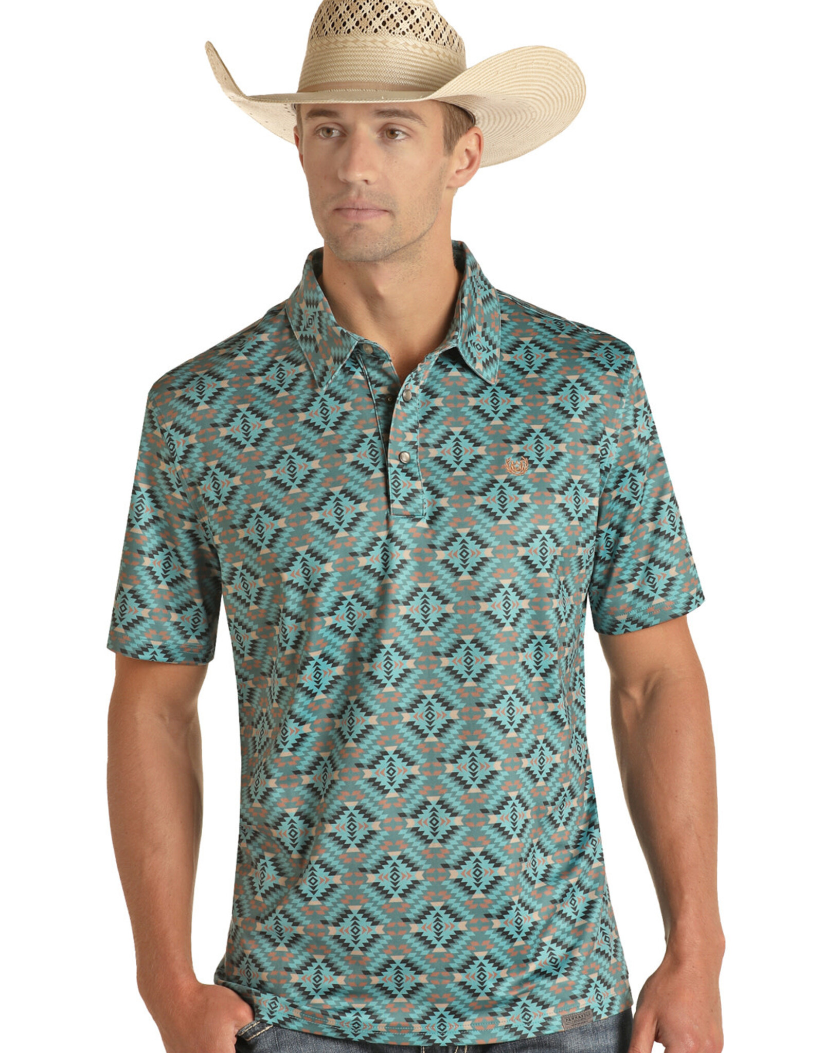 Mens Panhandle  Performance Turquoise Aztec Western Short Sleeve Polo Shirt