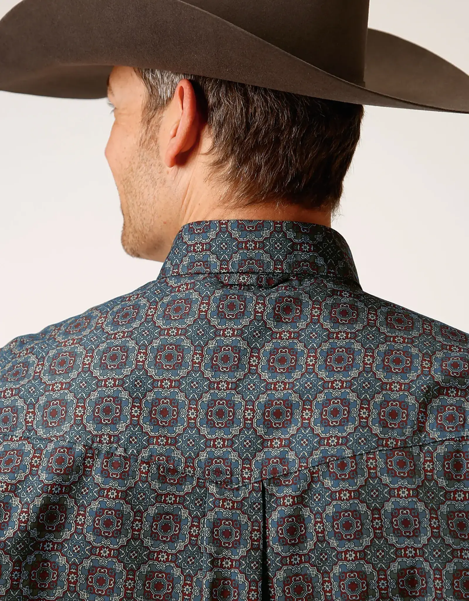 Mens Roper Long Sleeve  Blue Burgundy Print Western Button Arena Shirt