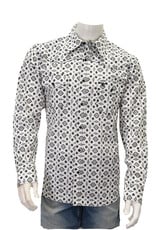 Mens Cowboy Hardware White Black Western Print Long Sleeve Snap Shirt