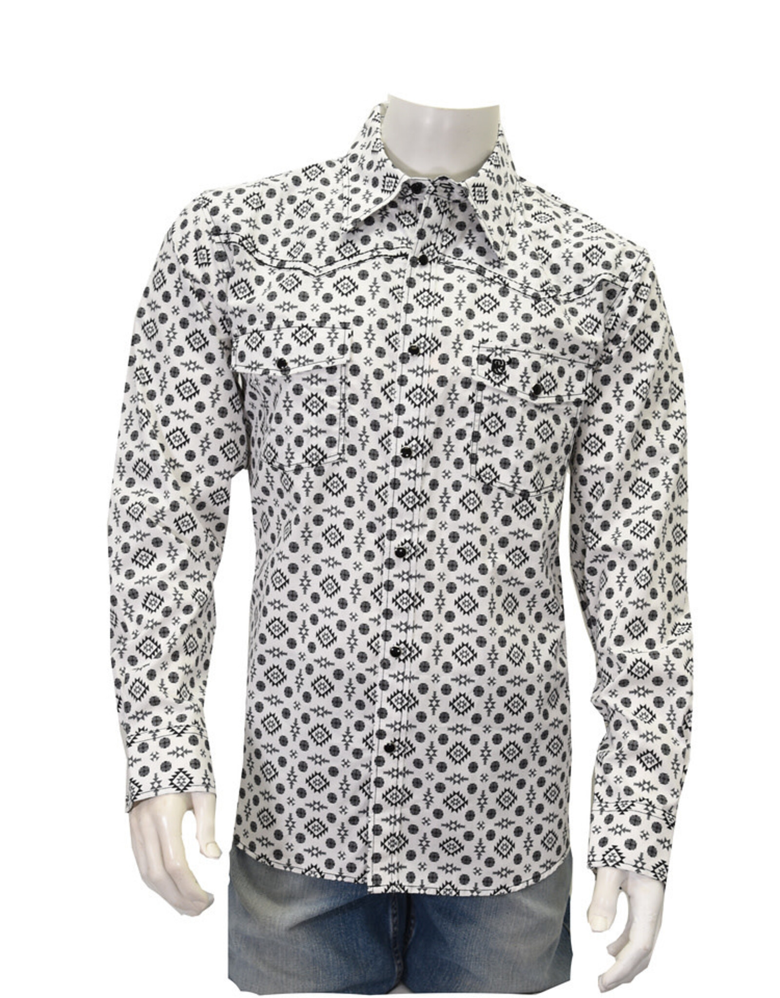 Mens Cowboy Hardware White Black Western Print Long Sleeve Snap Shirt