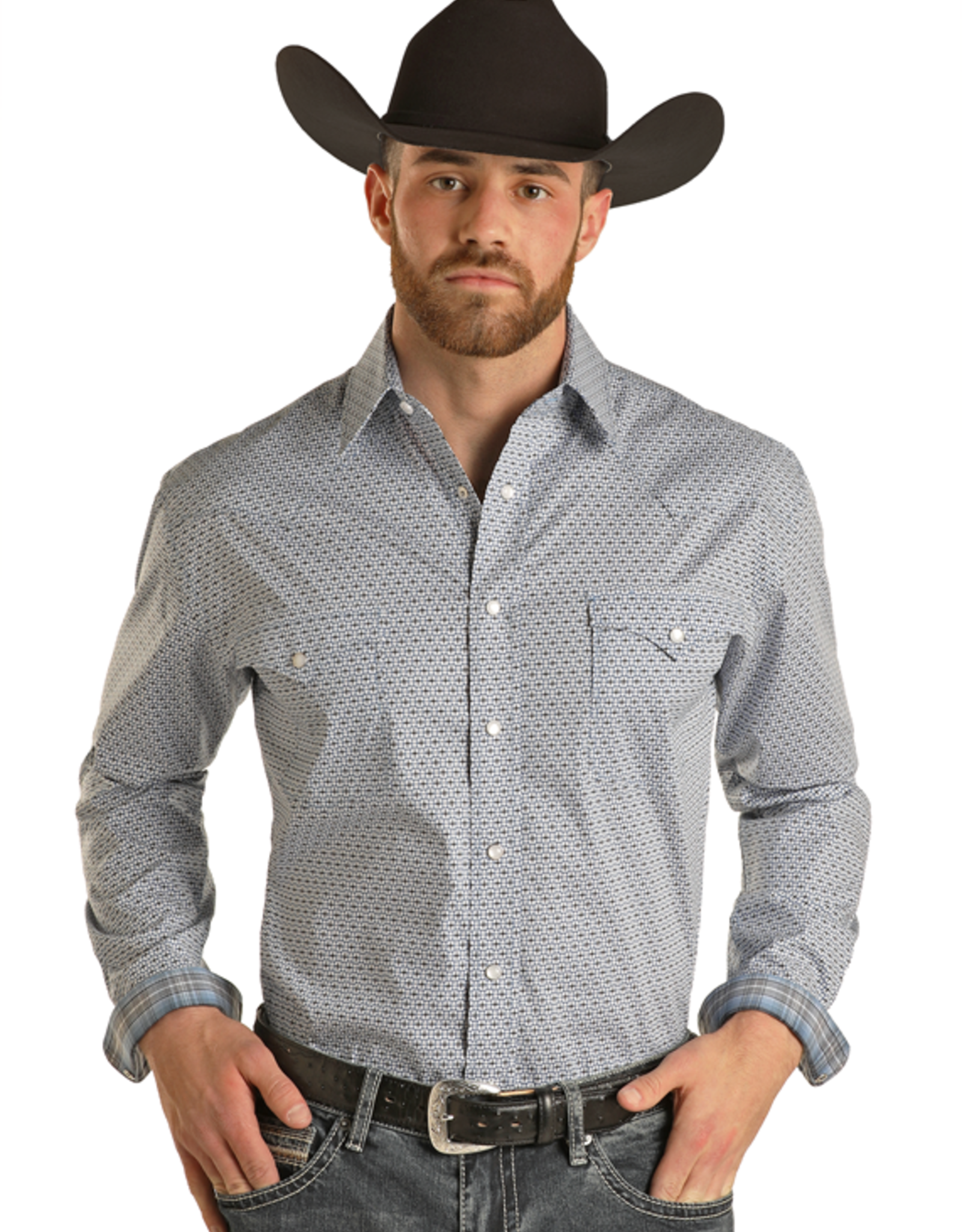 Mens Panhandle Roughstock Two Pocket  Blue Geo Print Long Sleeve Snap Western Shirt