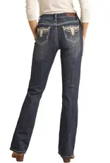 Rock & Roll CG Ivory Aztec Longhorn Skull Embroidered Mid Rise Boot Cut Riding Jean