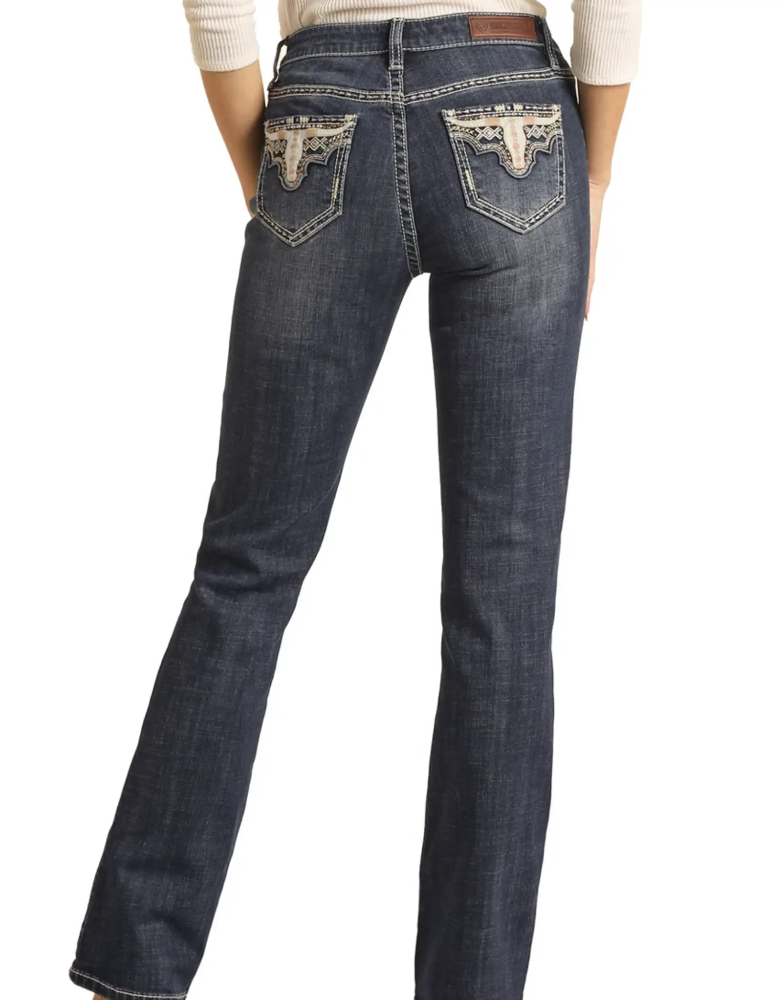 Rock & Roll CG Ivory Aztec Longhorn Skull Embroidered Mid Rise Boot Cut Riding Jean