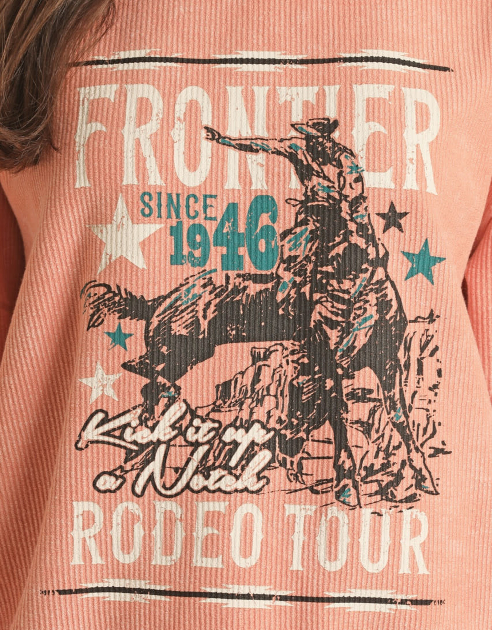 Womens Rock N Roll Frontier Rodeo Graphic Coral Pullover