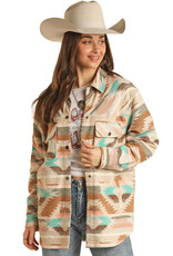 Rock N Roll Denim Womens Tan Turquoise Southwest Shacket / Shirt Jacket