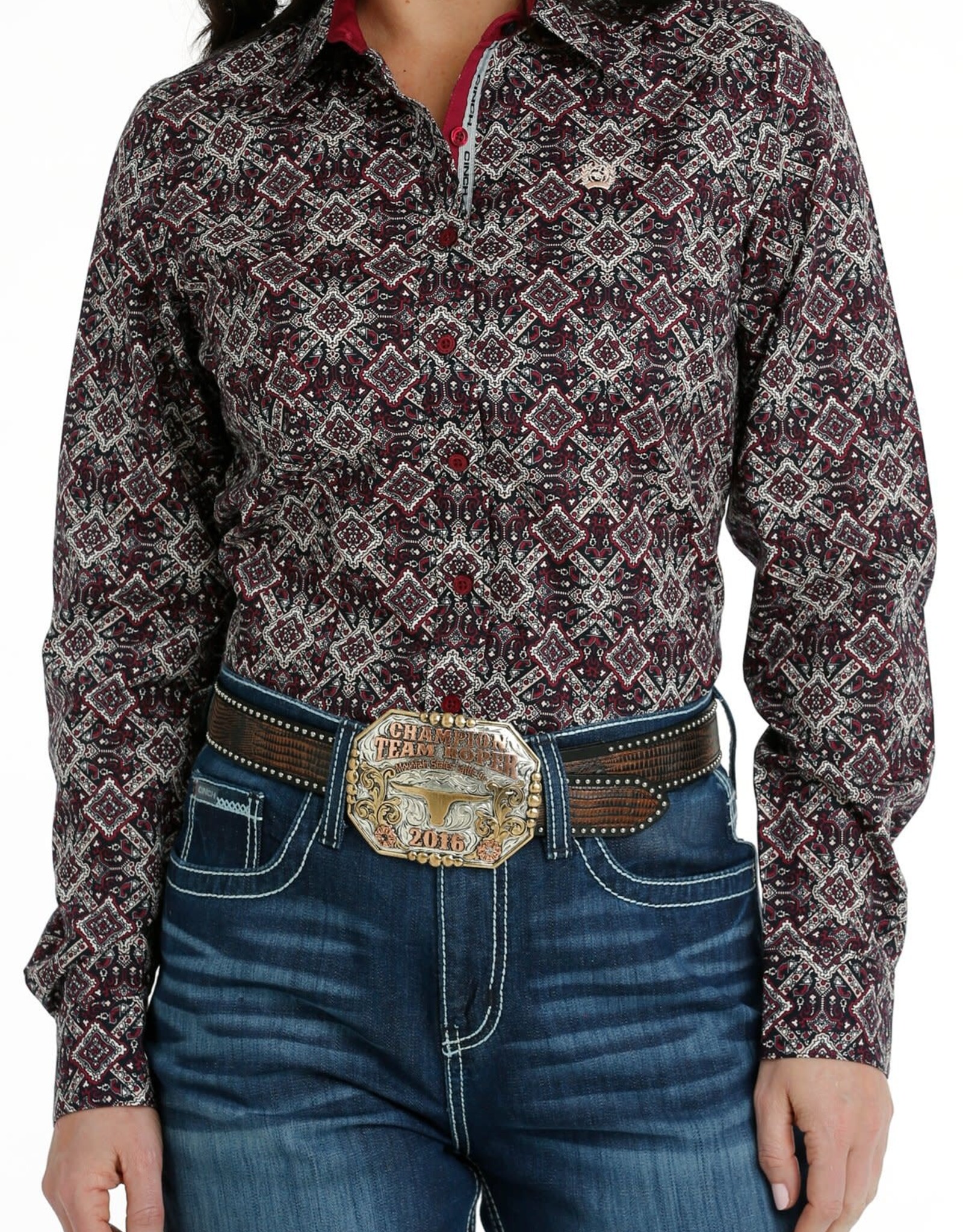 Cinch Womens Cinch Long Sleeve Burgundy Print Button Down Western Shirt