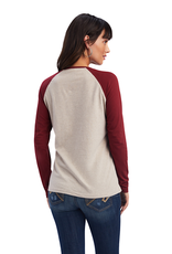 Ariat Womens Ariat Oatmeal Burgundy Sleeve Horseshoe Logo Shirt