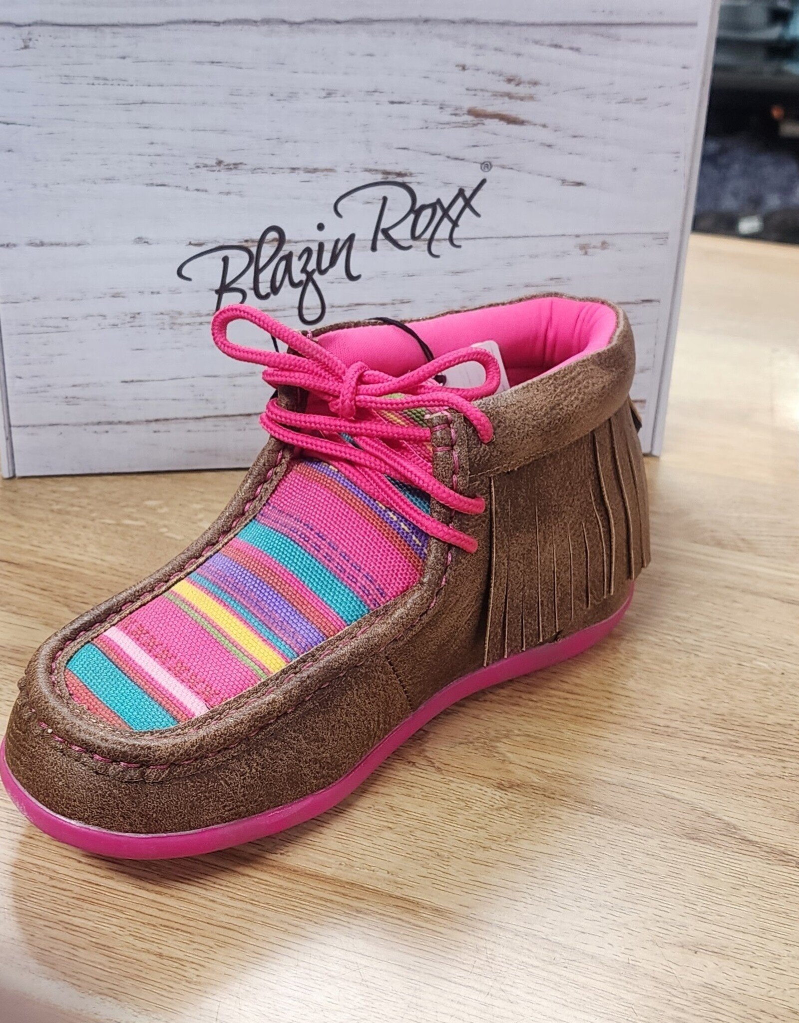 Girls Kimberly Pink Simmer Serape Fringe Moc Shoe