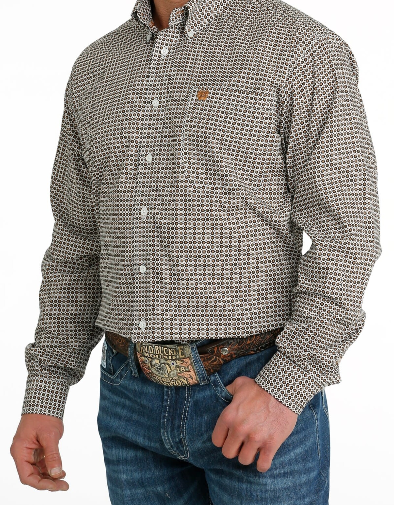 Cinch Mens Cinch Long Sleeve White Gold Print Western Button Arena Shirt