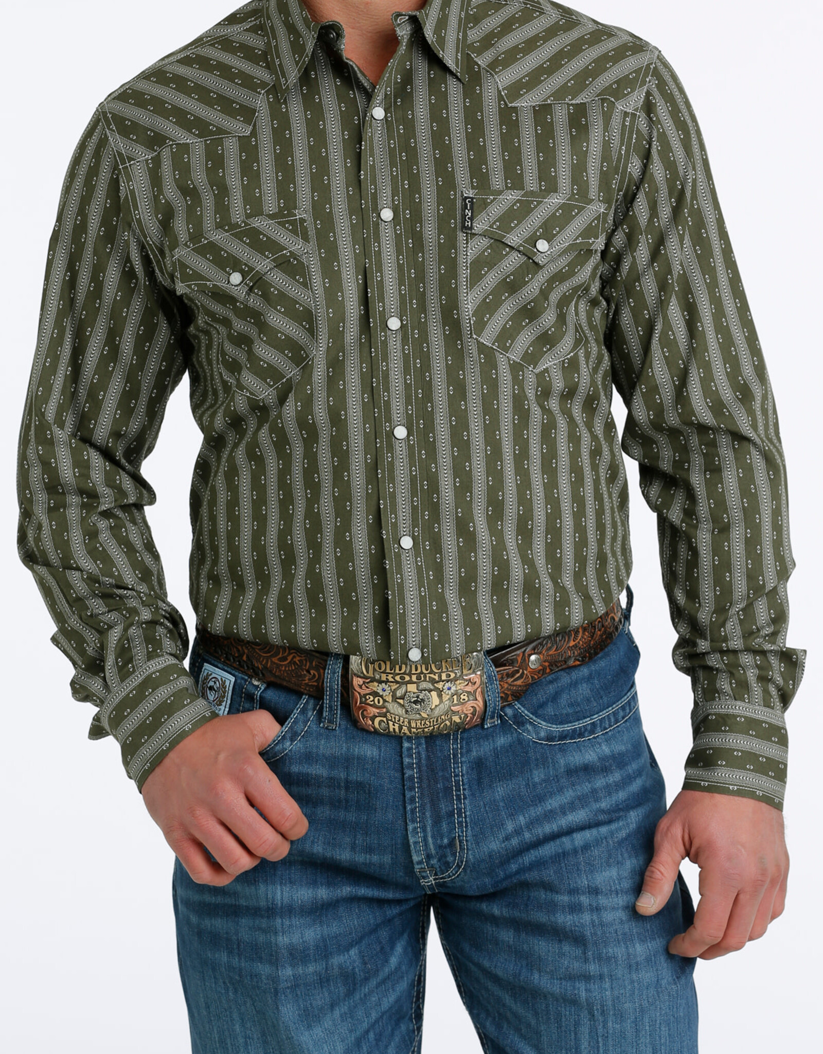 Cinch Mens Cinch Long Sleeve Olive Modern Fit Western Retro Snap Shirt