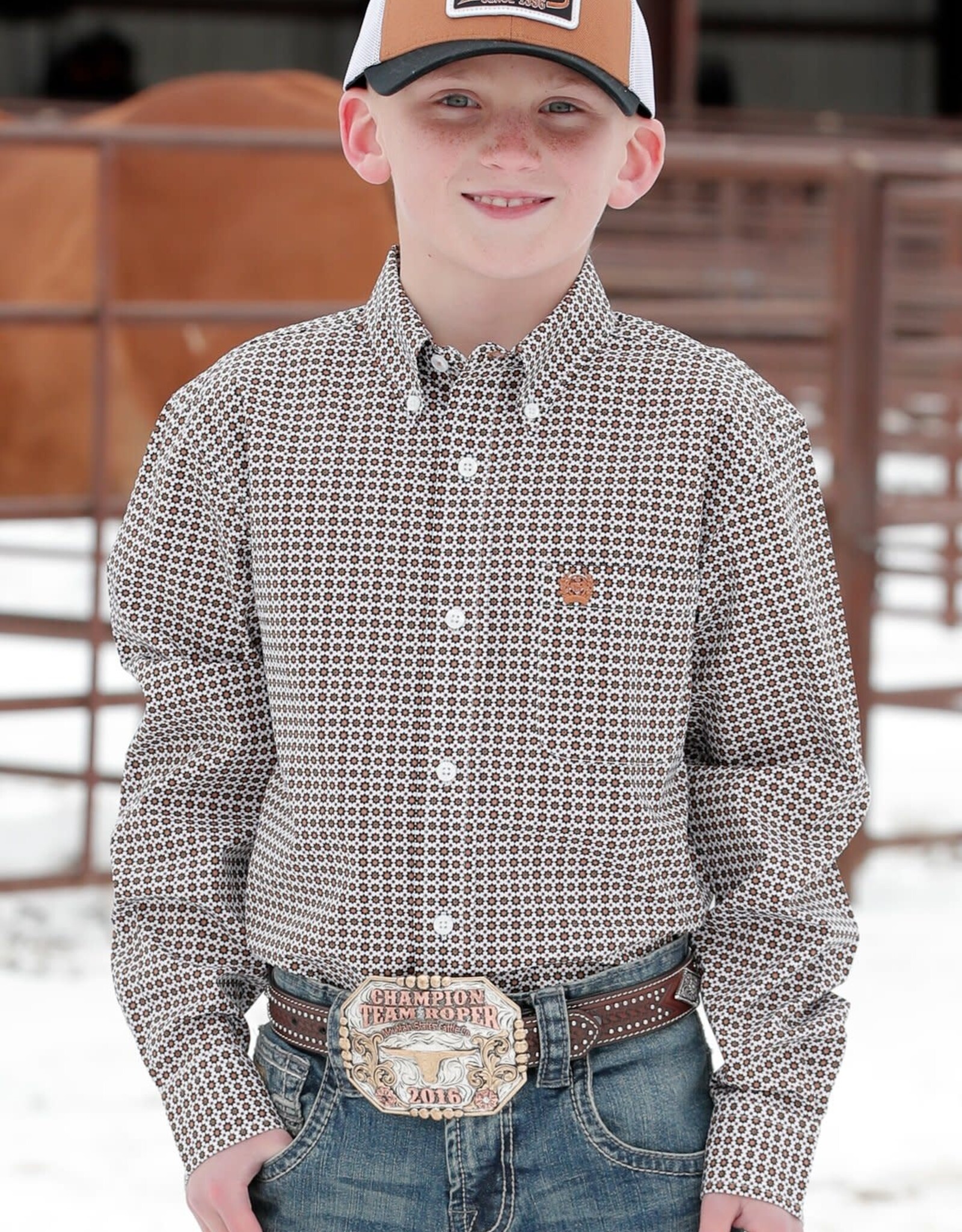 Cinch Boys Cinch White Gold Print Long Sleeve Button Western Shirt