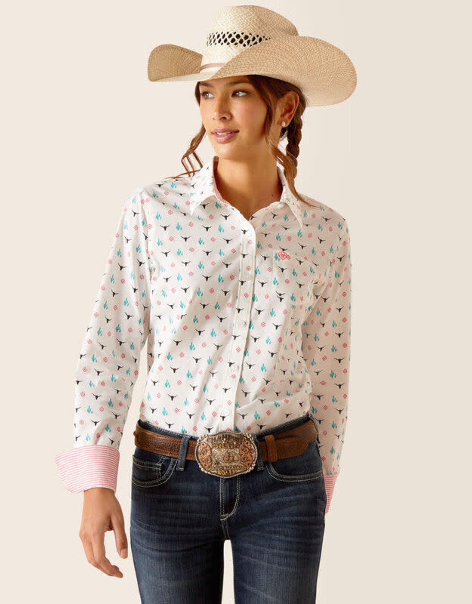 Ariat Womens Ariat White Kirby Steer Garden Long Sleeve Button Western Shirt