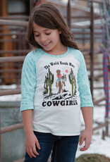 The World Needs More Cowgirls Cruel Denim Girls Cream Turquoise Cactus 3/4 Sleeve Shirt