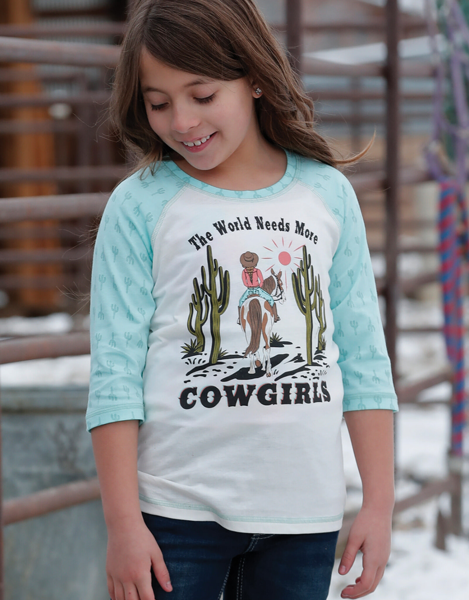 The World Needs More Cowgirls Cruel Denim Girls Cream Turquoise Cactus 3/4 Sleeve Shirt