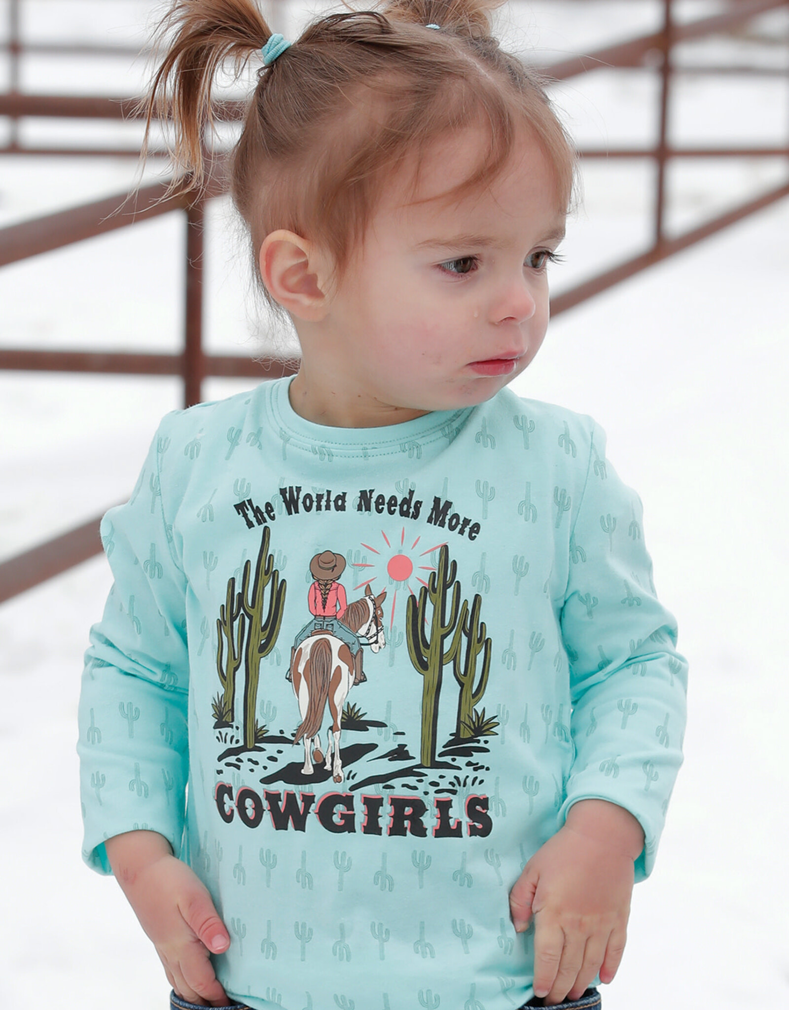 The World Needs More Cowgirls Light Turquoise Cactus Toddler Girls Long Sleeve Shirt