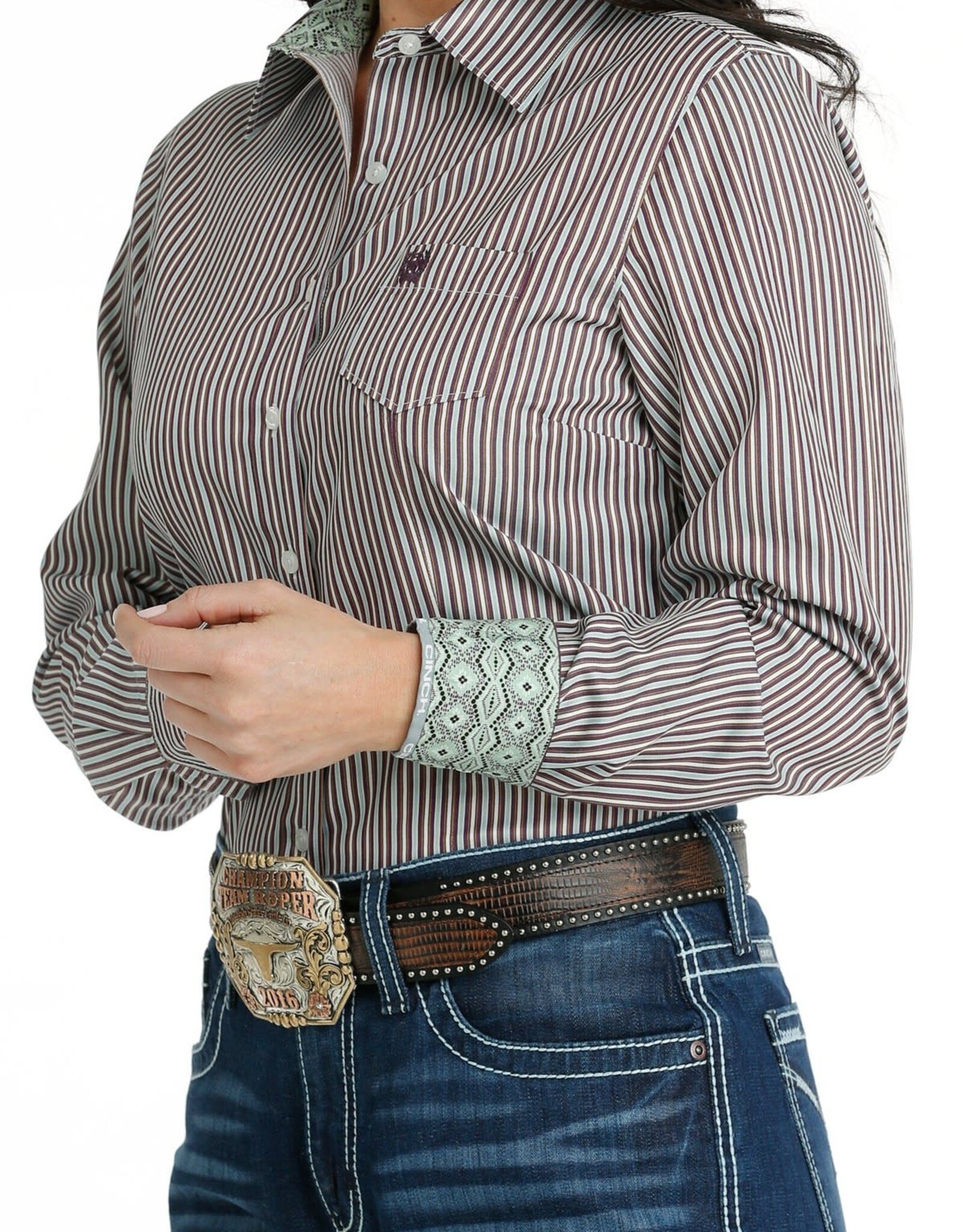 Cinch Womens Cinch Tencel Grey Plum Brown and Sage Green Stripe Long Sleeve Button Down Western Arena Shirt