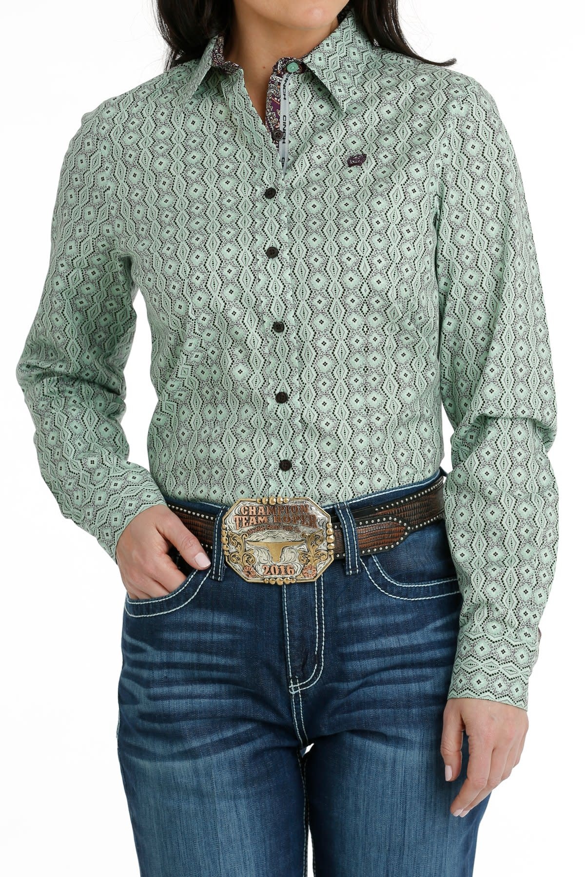 Womens Cinch Sage Green and Purple Print Long Sleeve Button Down Western Arena Shirt Womens Cinch Sage Green and Purple Print Long Sleeve Button Down Western Arena Shirt