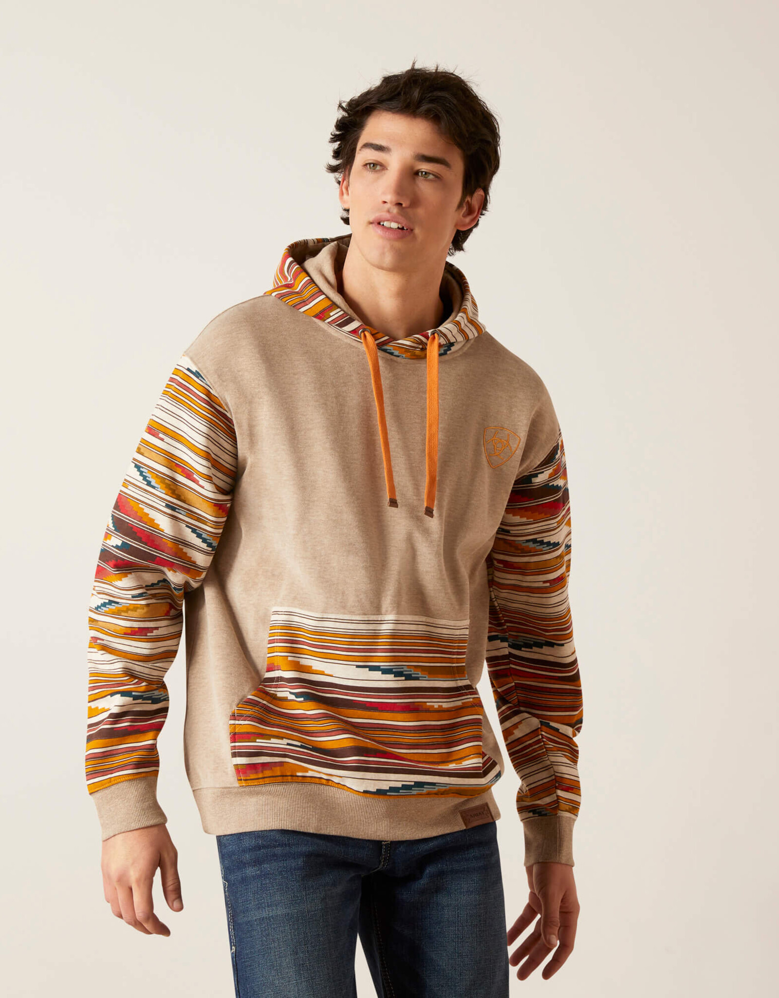Ariat Mens Ariat Beige Chimayo Colorblock Pullover Hooded Sweatshirt