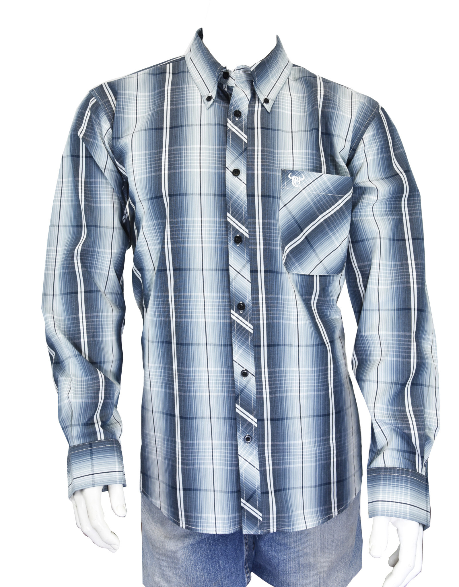 Mens Cowboy Hardware Gradient Blue Plaid Western Long Sleeve Button Shirt
