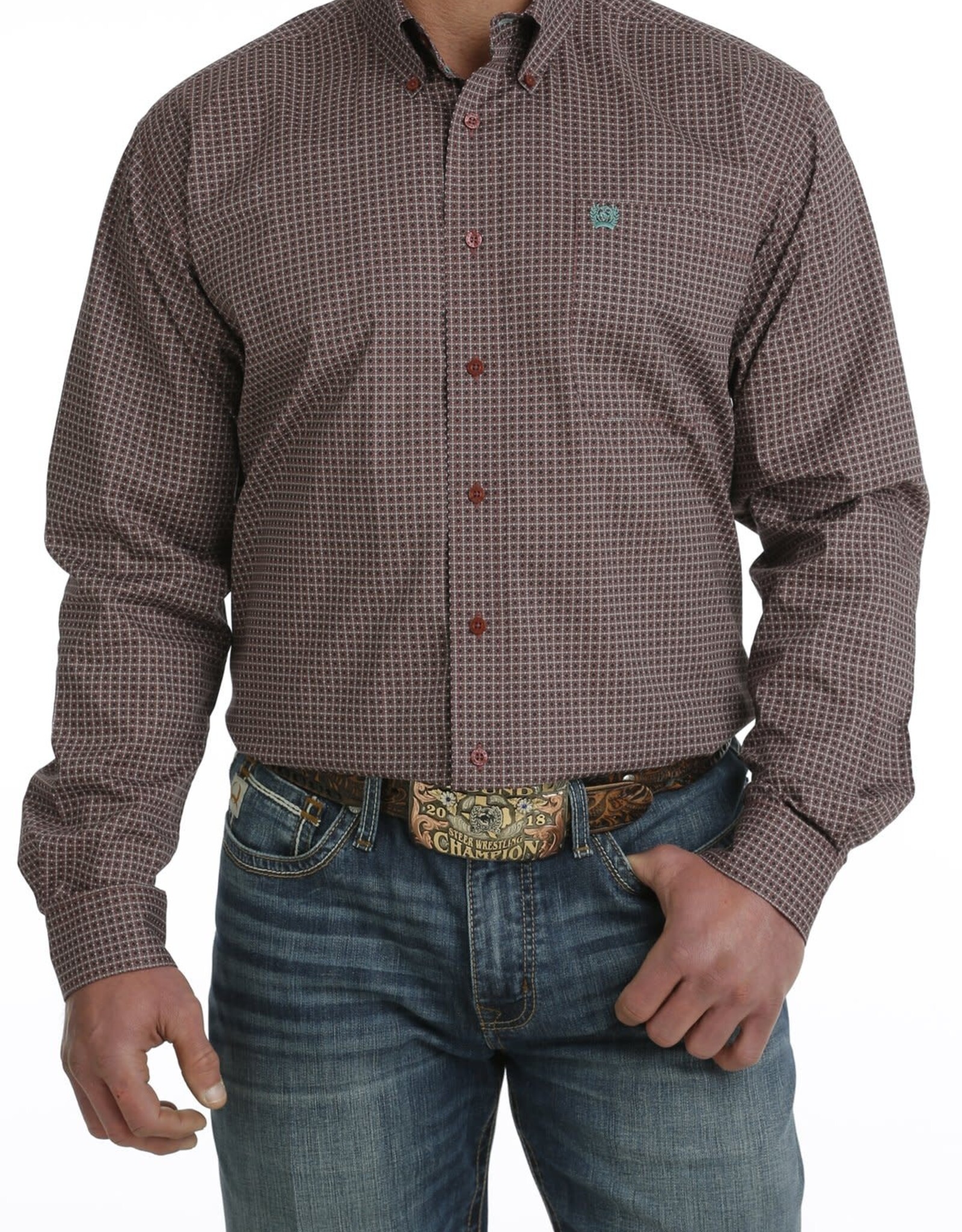 Cinch Mens Cinch Long Sleeve Burgundy Grey Print Western Button Arena Shirt
