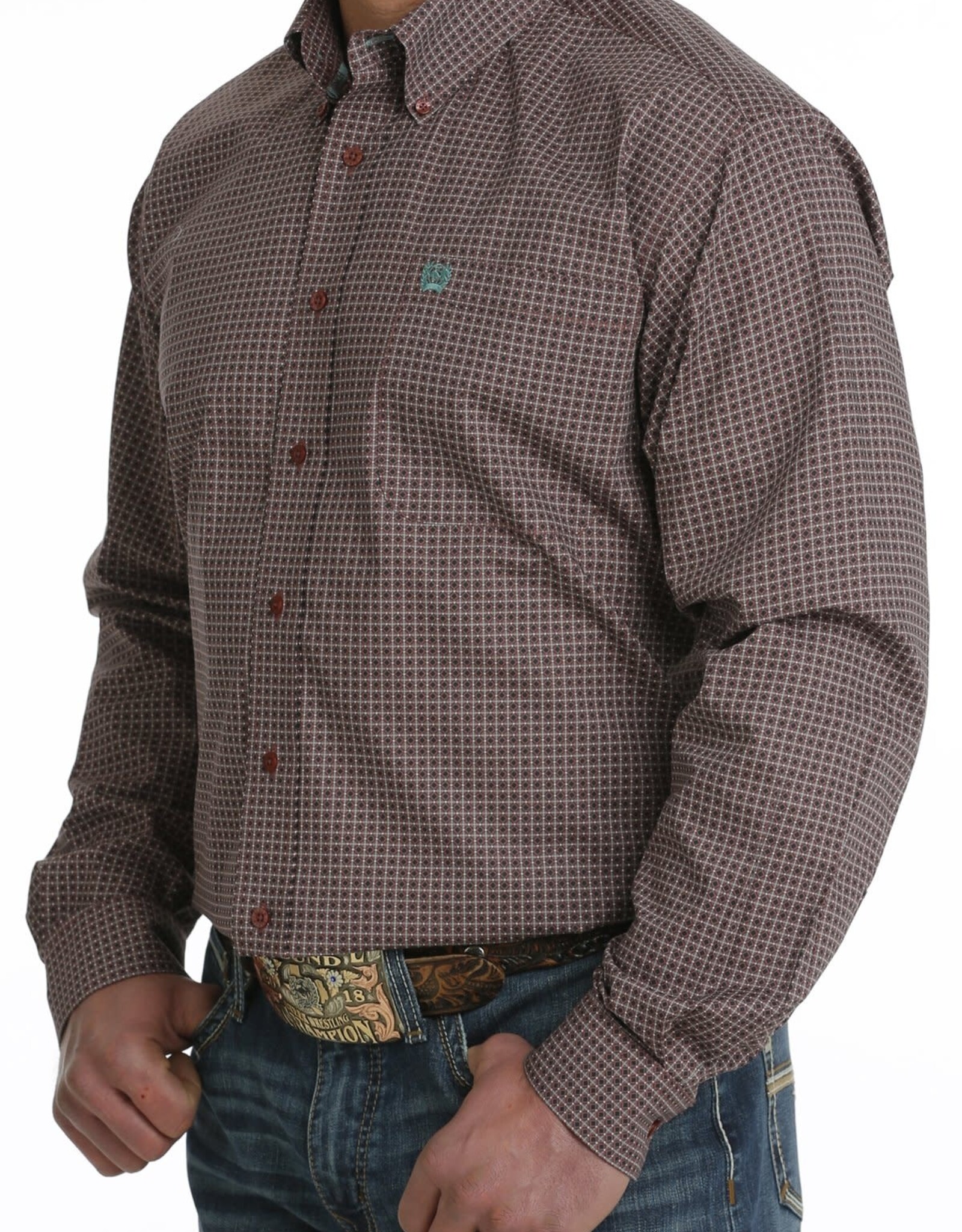 Cinch Mens Cinch Long Sleeve Burgundy Grey Print Western Button Arena Shirt