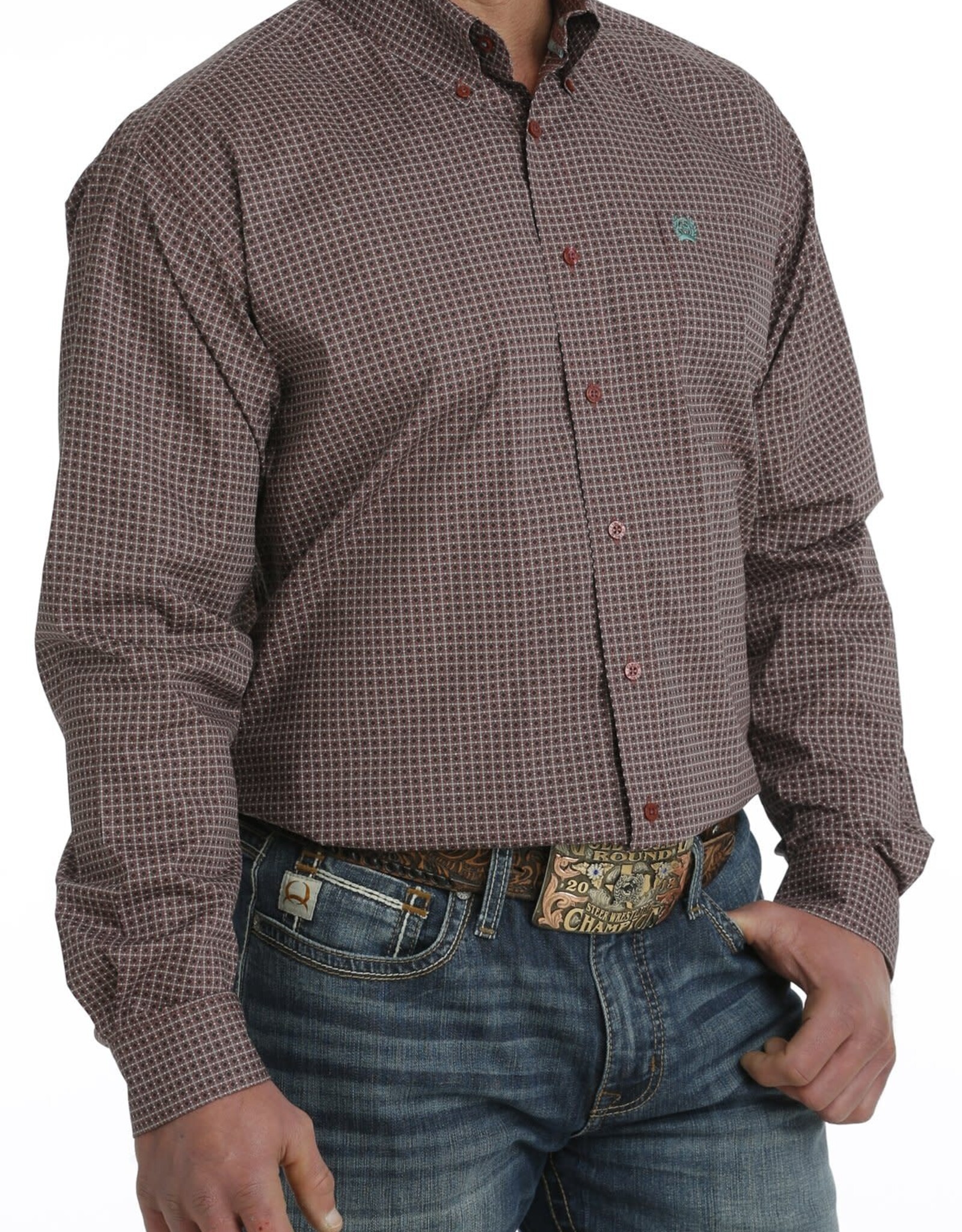 Cinch Mens Cinch Long Sleeve Burgundy Grey Print Western Button Arena Shirt