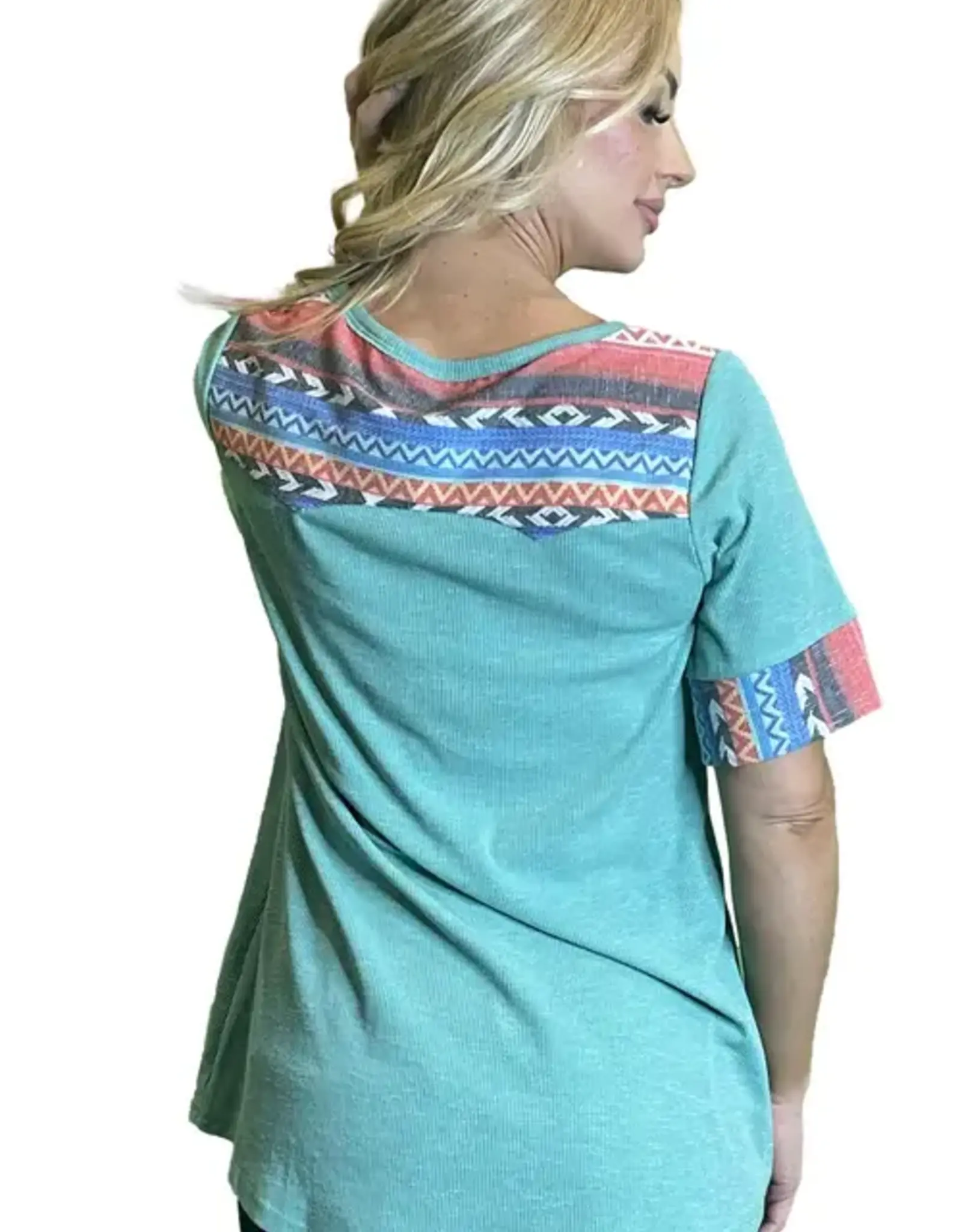 Womens Light Mint Aztec Shoulder Short Sleeve Knit Shirt