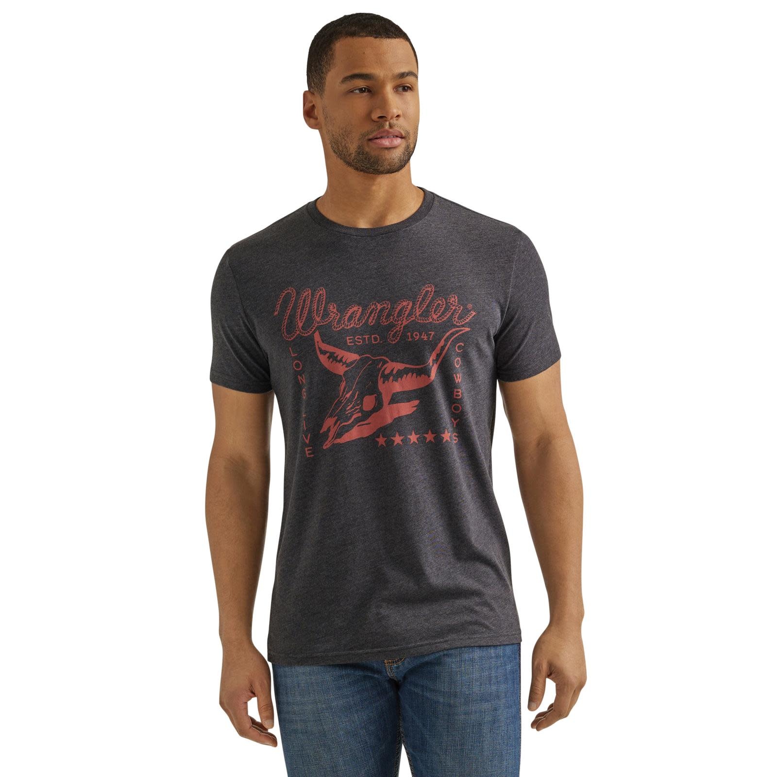 Mens Heather Grey Short Sleeve Wrangler Long Live Cowboys T Shirt