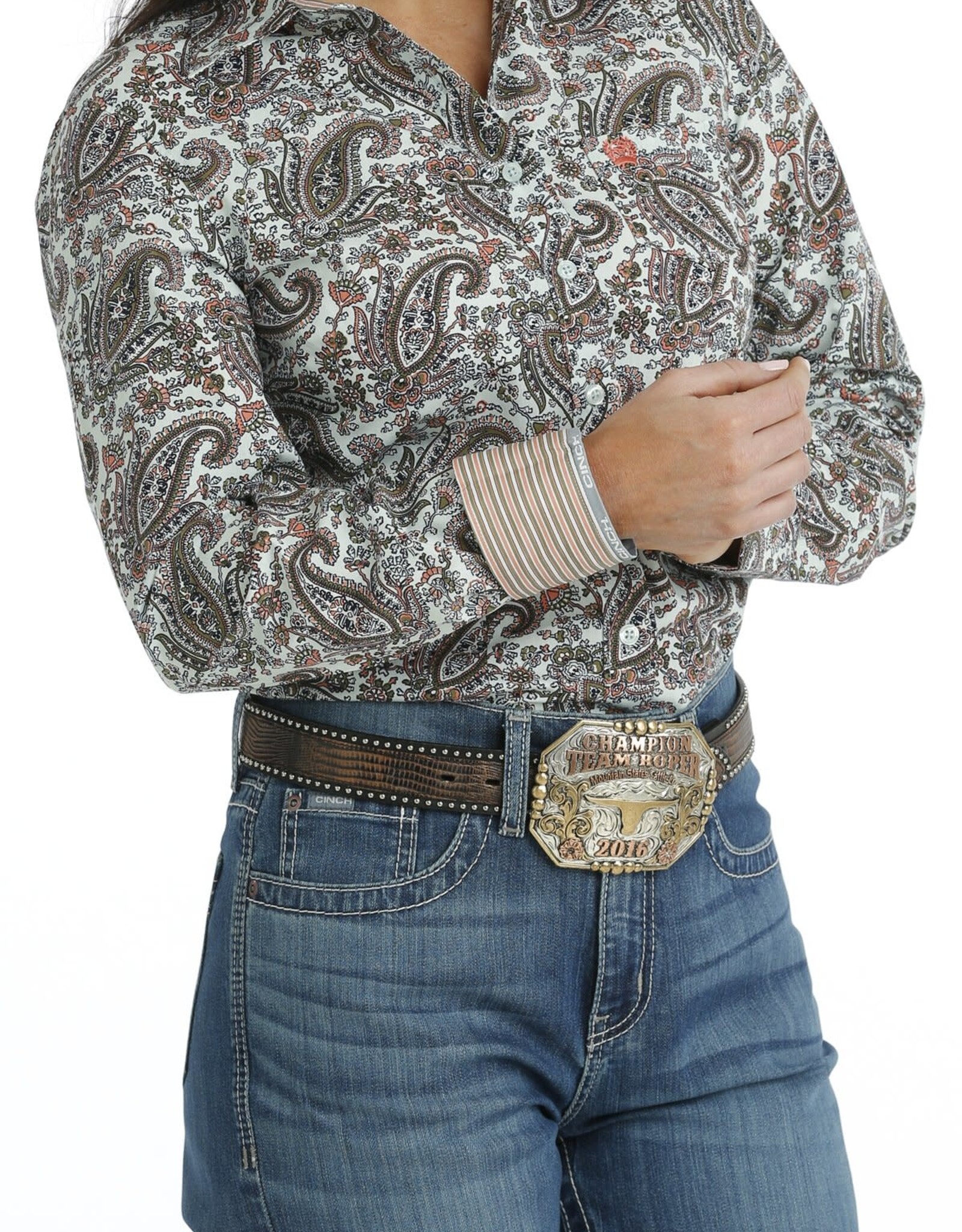 Cinch Womens Cinch Coral and Olive Paisley Long Sleeve Button Down Western Arena Shirt