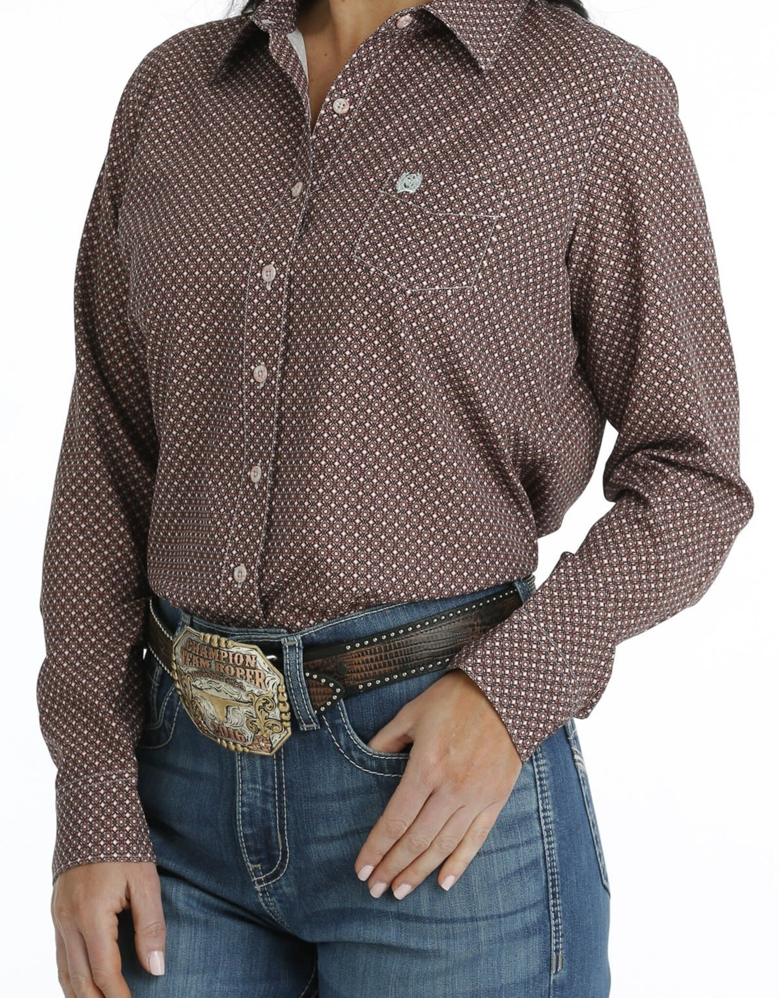Cinch Womens Cinch Coral and Olive Geo Print Arena Flex Long Sleeve Button Western Shirt