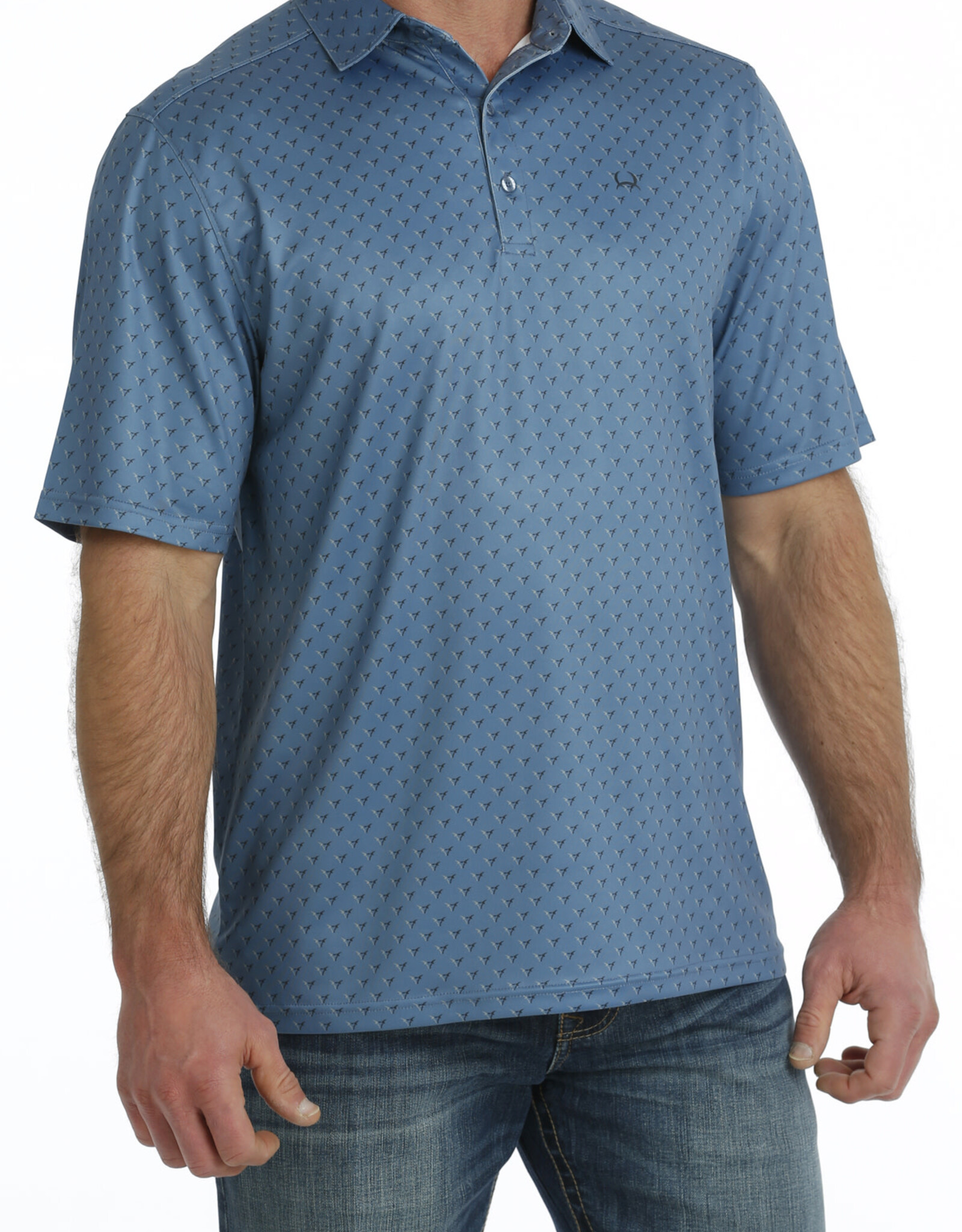 Cinch Mens Cinch Arenaflex Blue Mini Steer Head Print Short Sleeve Polo Shirt