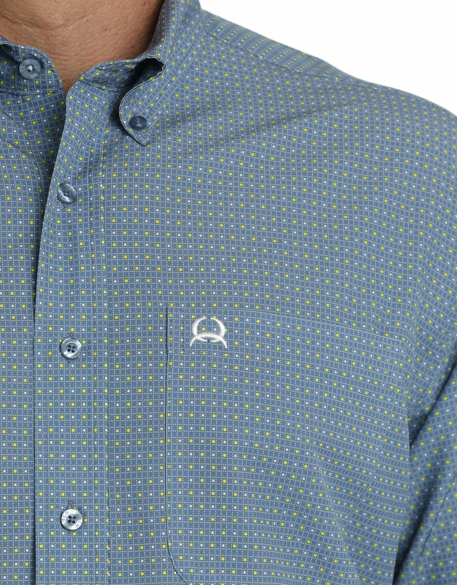 Cinch Mens Cinch ArenaFlex Blue Yellow Dot Print Long Sleeve Button Shirt