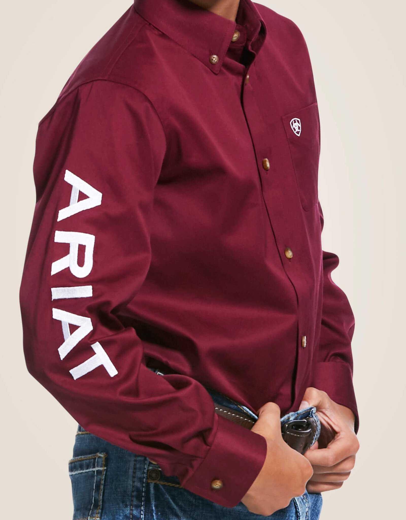 Ariat Boys Burgundy and White Team Logo Twill Classic Fit Western Button Shirt