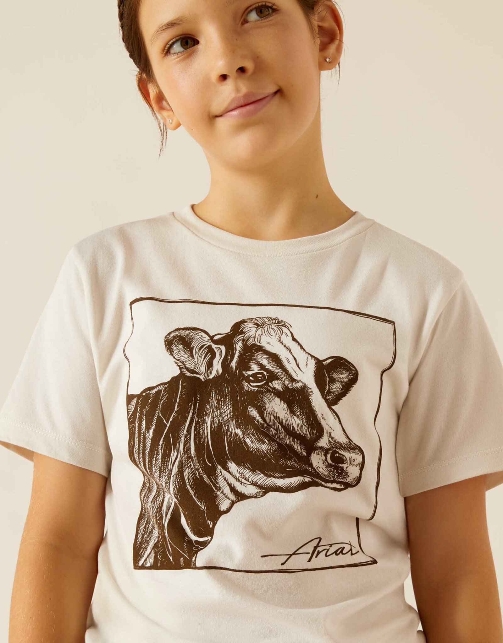 Ariat Girls Ariat Natural Cow Head Screen Print Short Sleeve T-Shirt