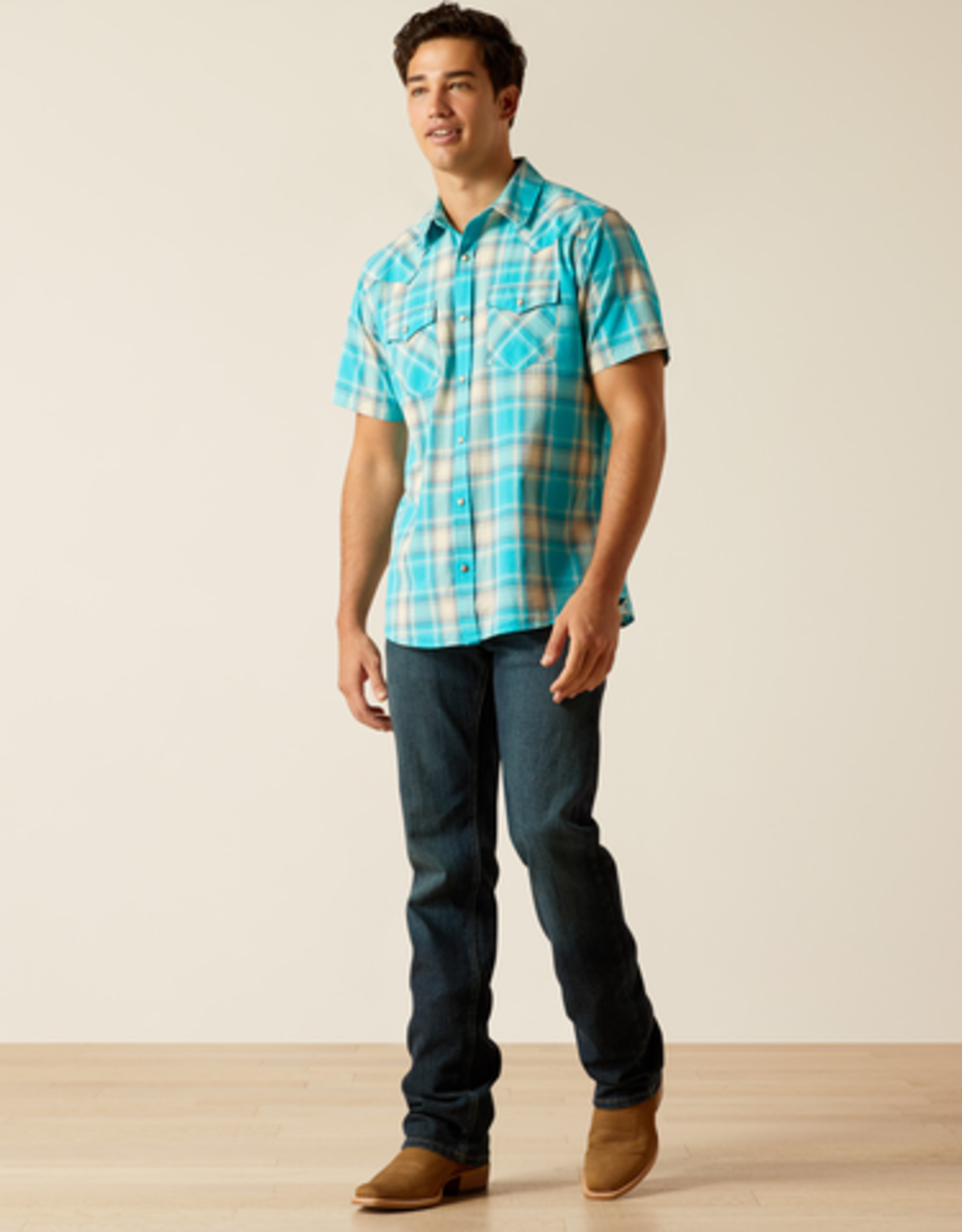 Ariat Mens Ariat Turquoise Plaid Western Retro Short Sleeve Shirt M-3X