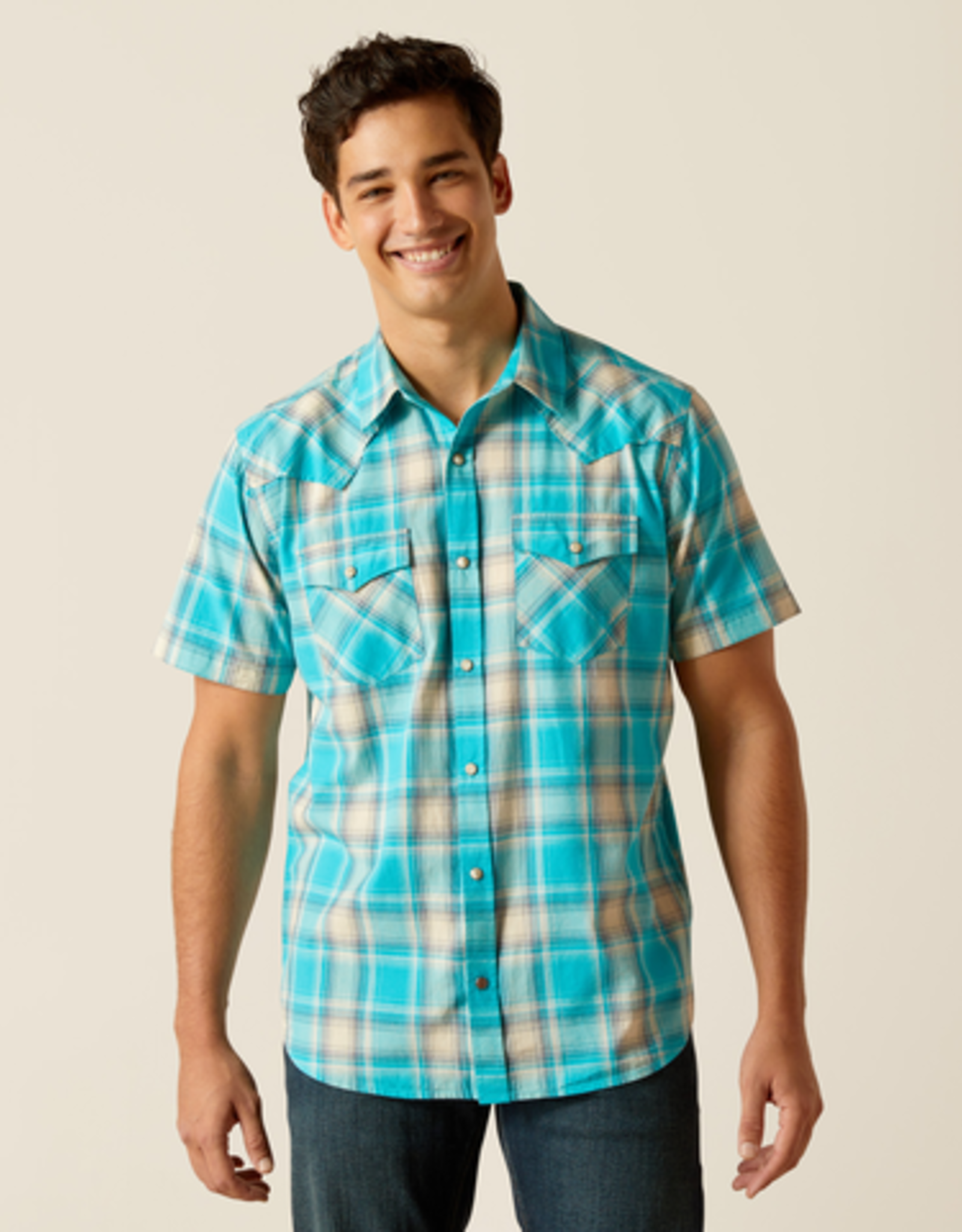 Ariat Mens Ariat Turquoise Plaid Western Retro Short Sleeve Shirt M-3X