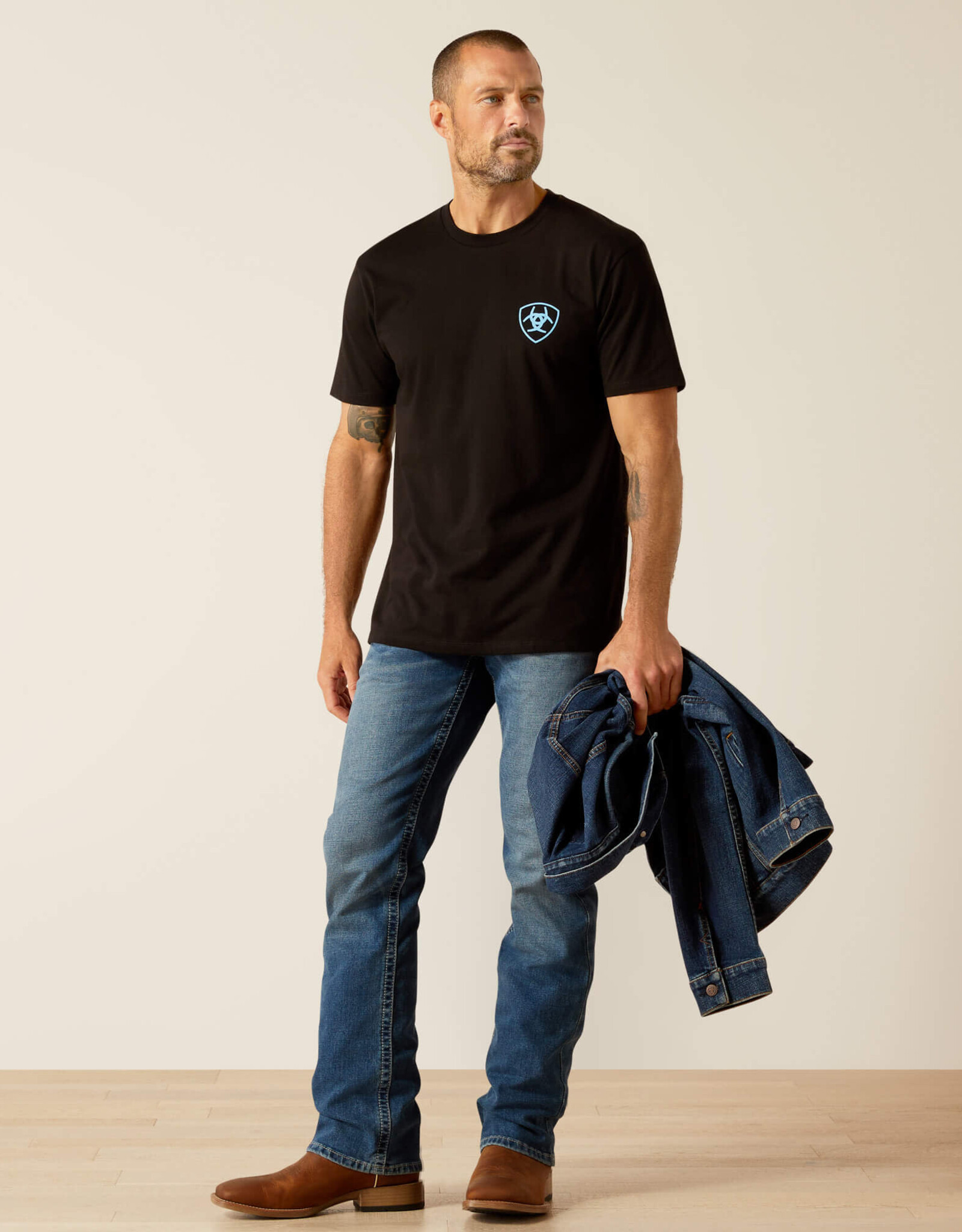 Ariat Ariat Mens Dusty Blue Logo and Barbwire Black Short Sleeve T Shirt