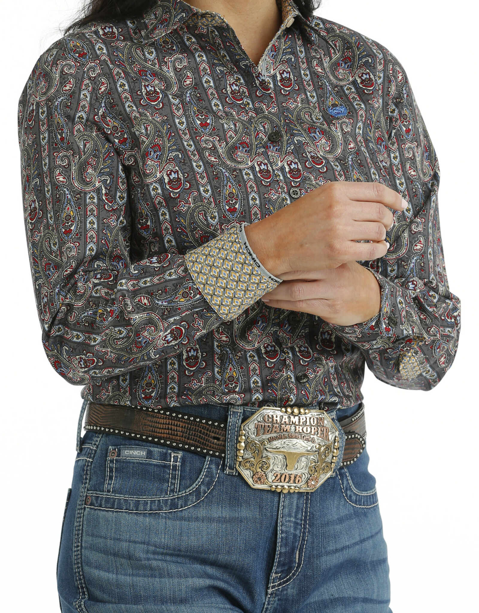 Cinch Womens Cinch  Multi Color Grey Paisley Print Long Sleeve Button Down Western Arena Shirt