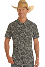 Mens Panhandle Performance Charcoal Grey  Western Novelty Short  Sleeve Snap Shirt