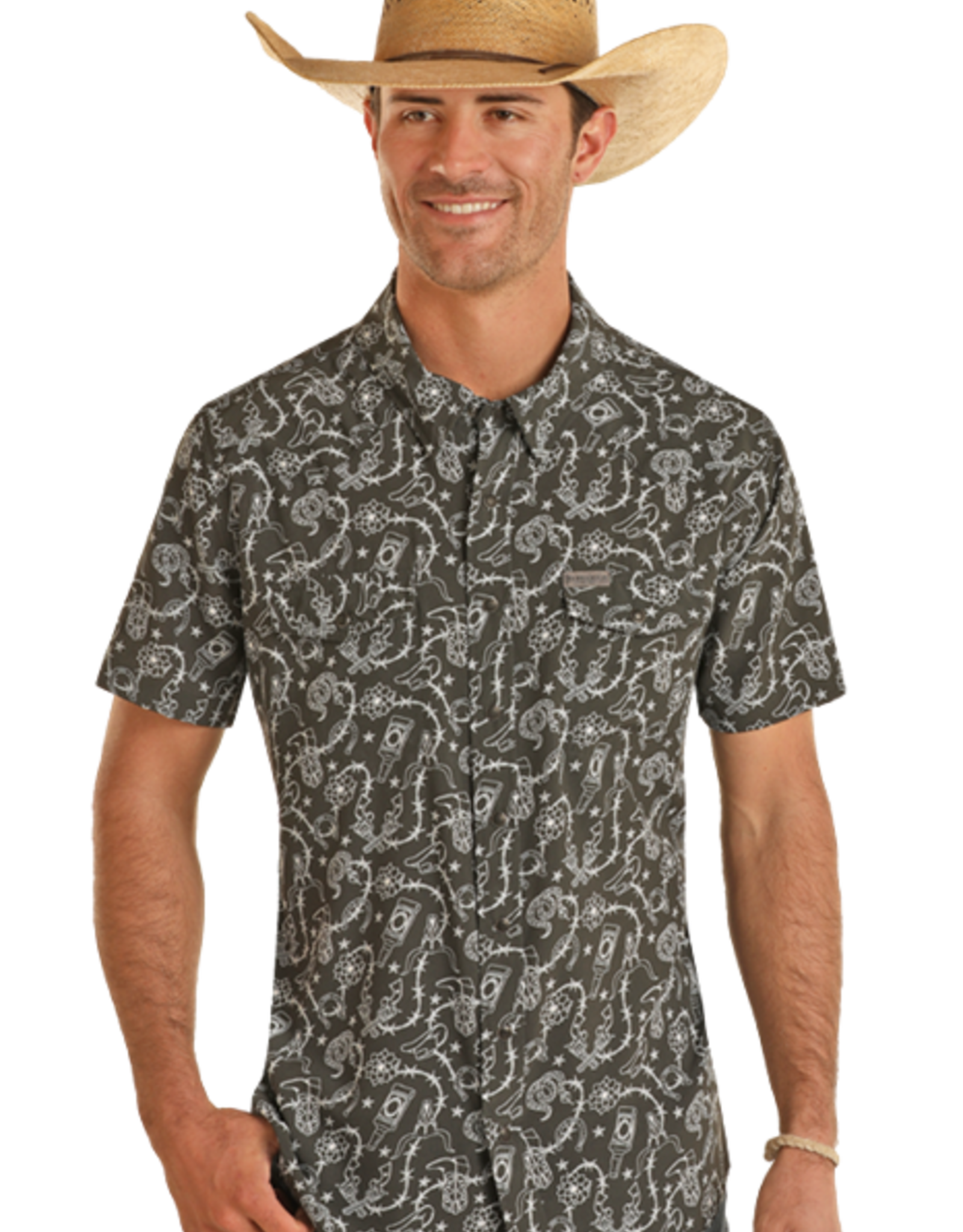 Mens Panhandle Performance Charcoal Grey  Western Novelty Short  Sleeve Snap Shirt