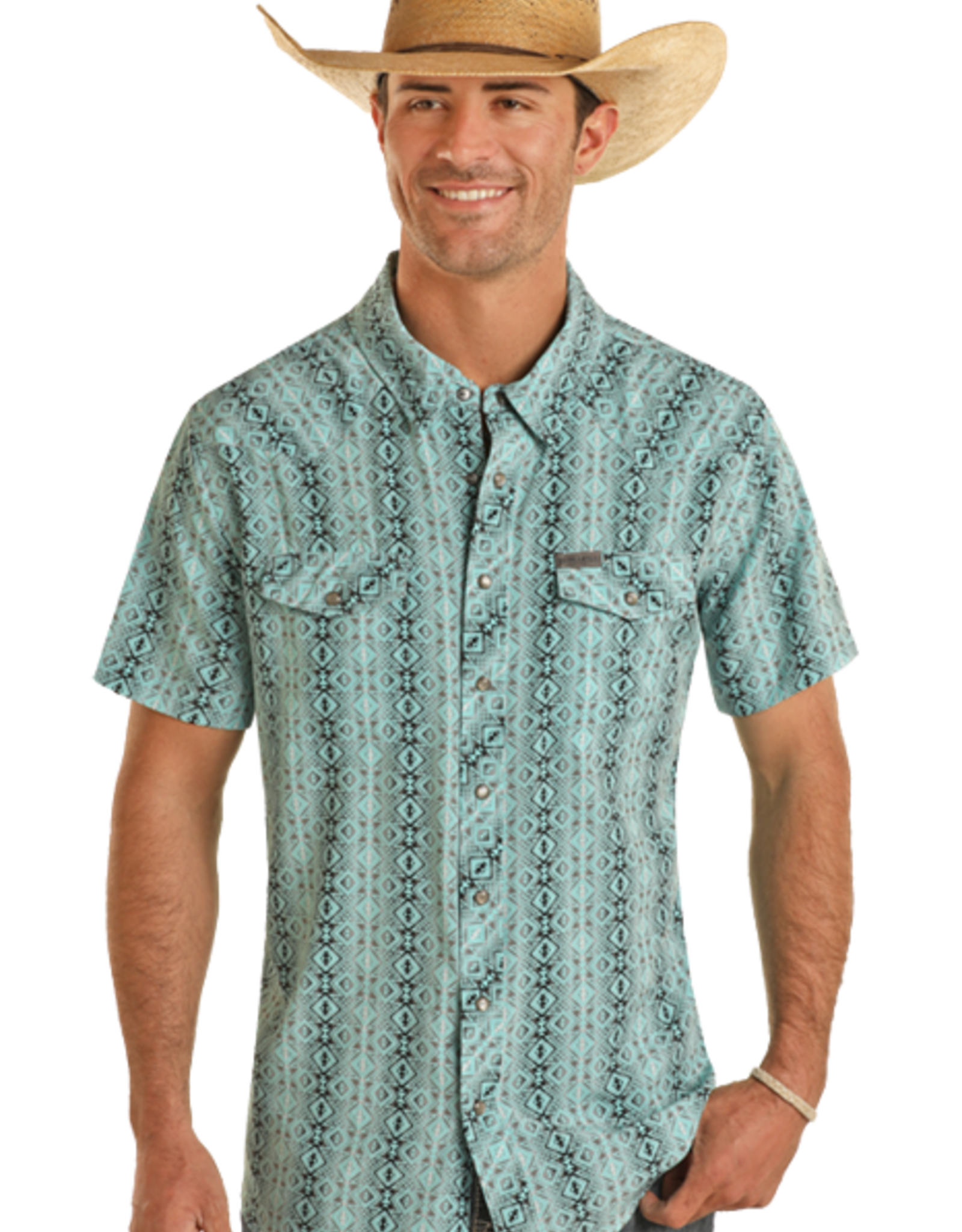 Mens Panhandle Performance Turquoise Aztec Western Short Sleeve Snap Shirt