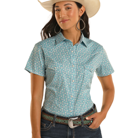 Womens Panhandle Whip Stitch Blue Print Western Short Sleeve Snap Shirt