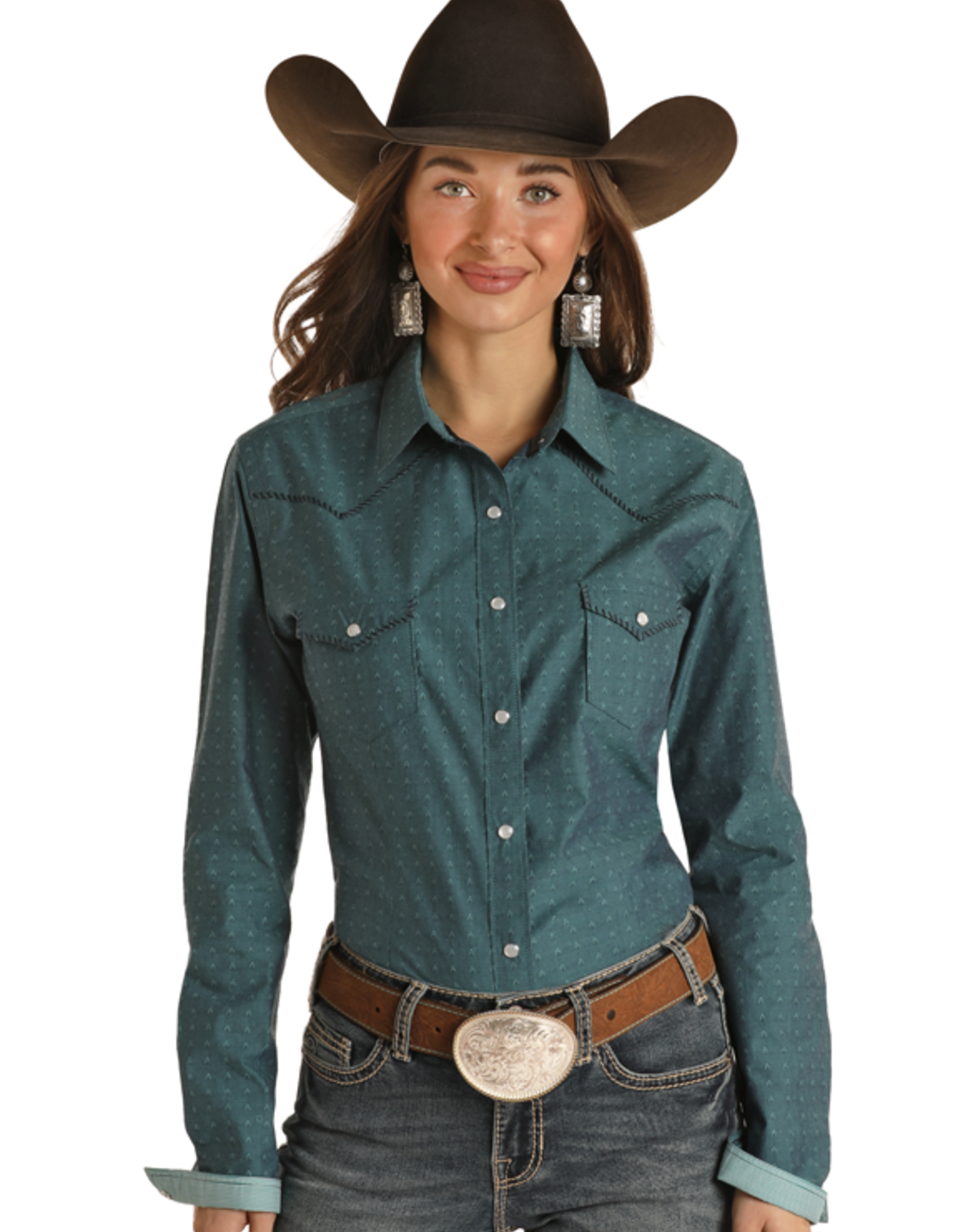 Womens Panhandle Iridescent Turquoise Western Whip Stitch Long Sleeve Snap Shirt