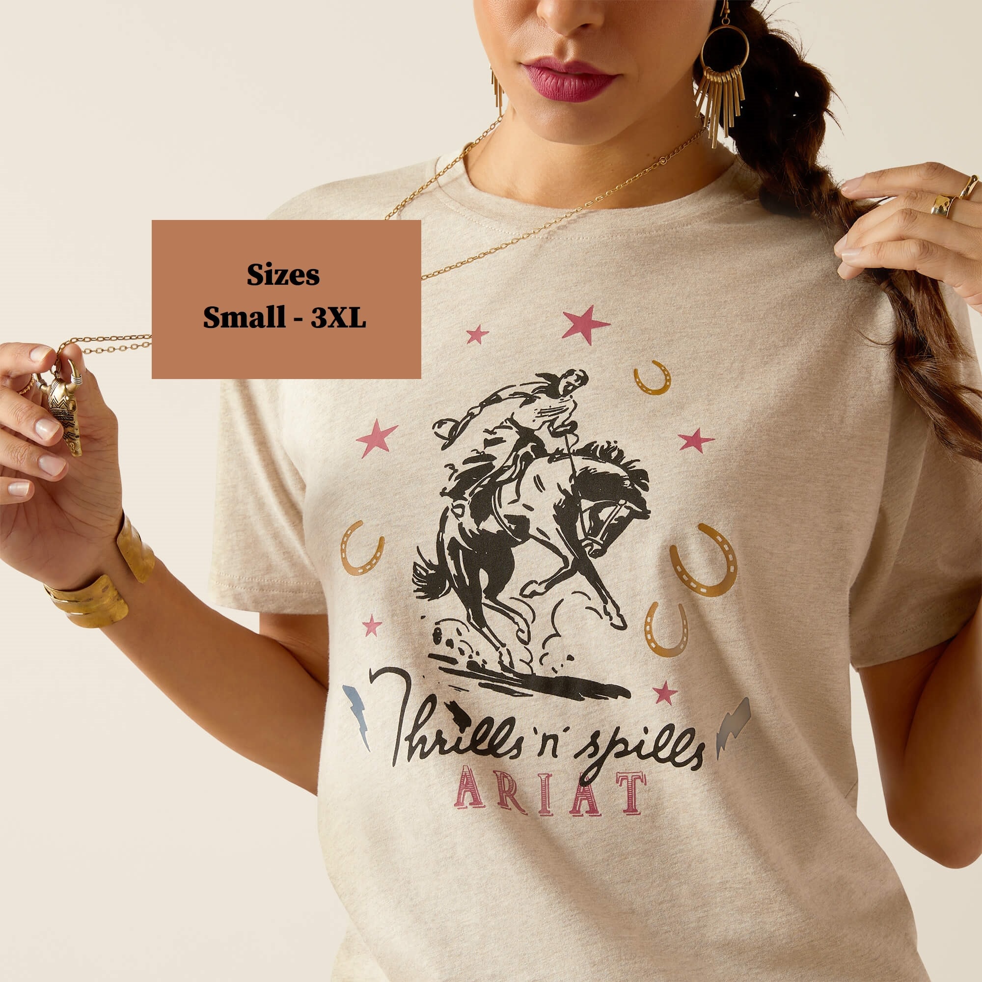 Womens Ariat Heather Oatmeal Thrills N Spills Short Sleeve T Shirt