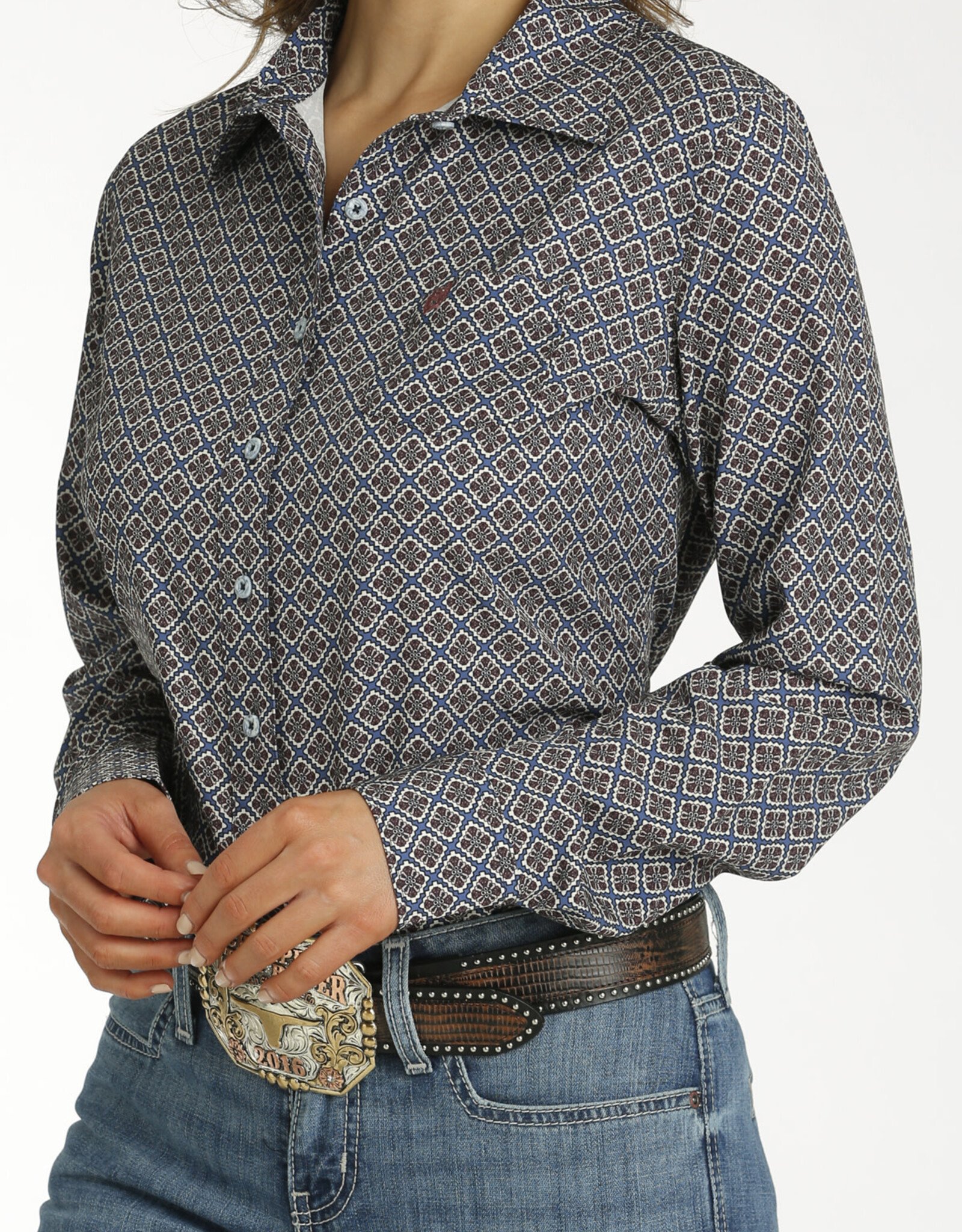 Cinch Womens Cinch Blue Brown Medallion Print Arena Flex Long Sleeve Button Western Shirt